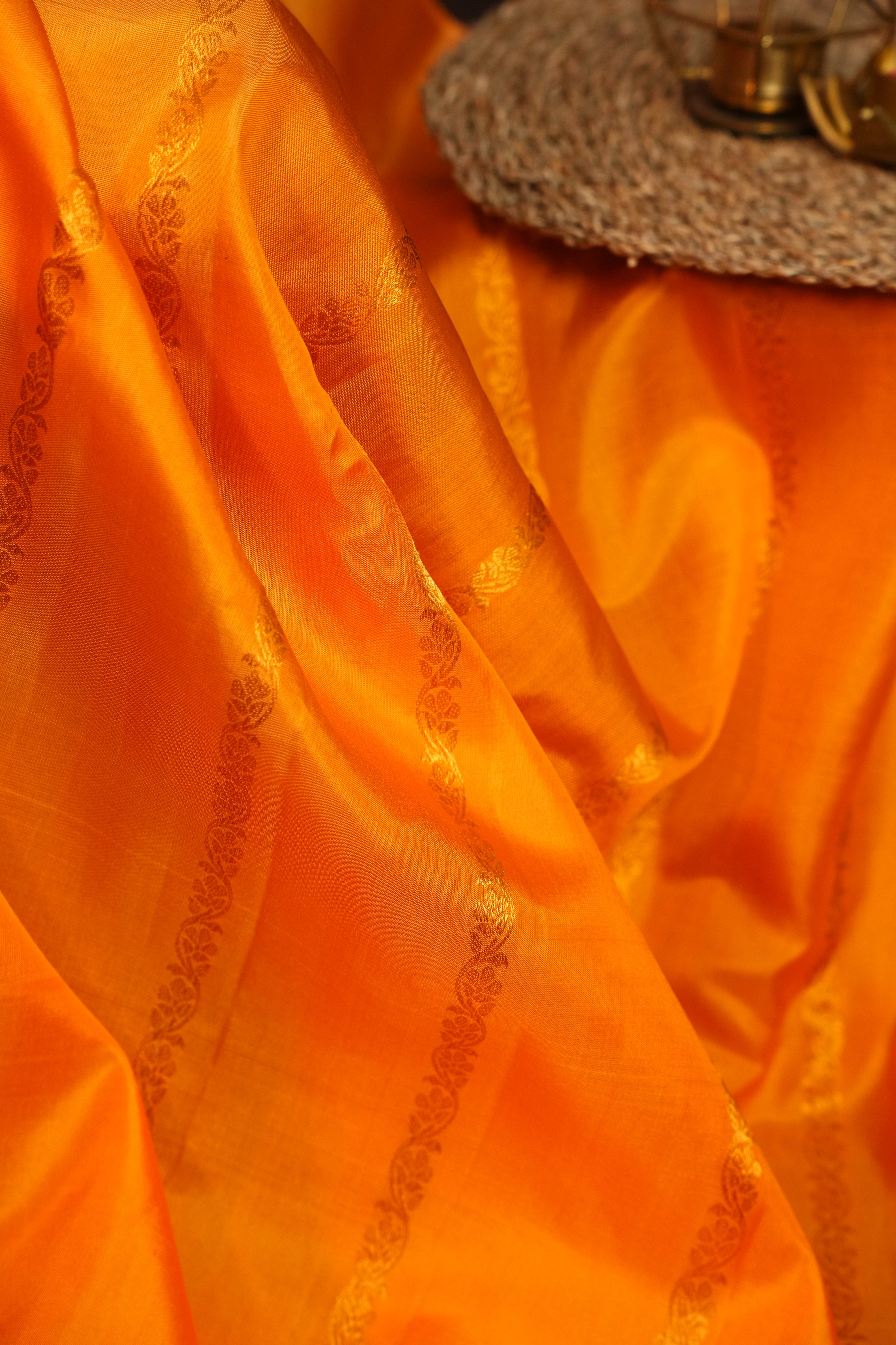 Vibrant Orange Gadwal Silk Saree with Zari Motifs | Ande Silks
