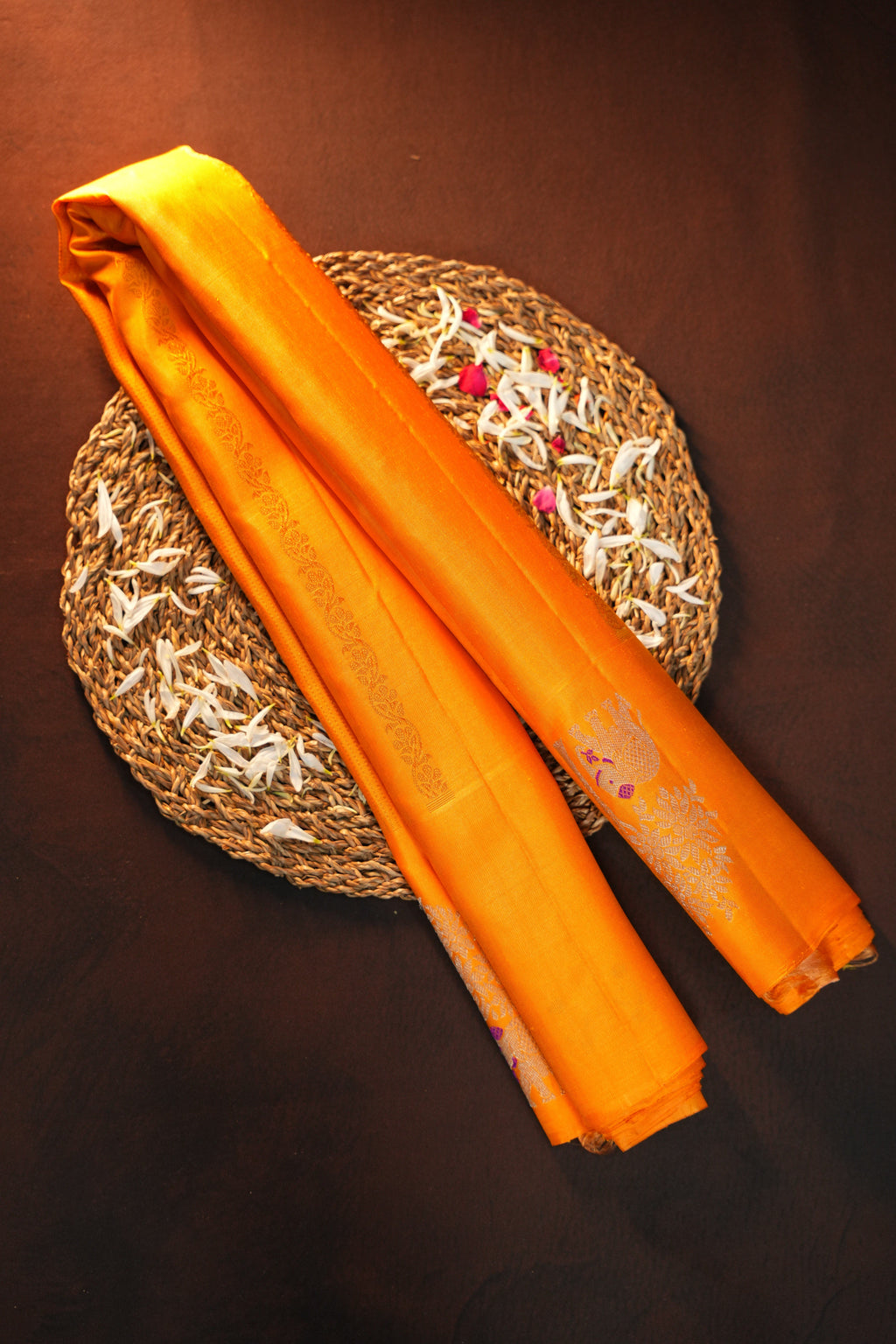 Vibrant Orange Gadwal Silk Saree with Zari Motifs | Ande Silks