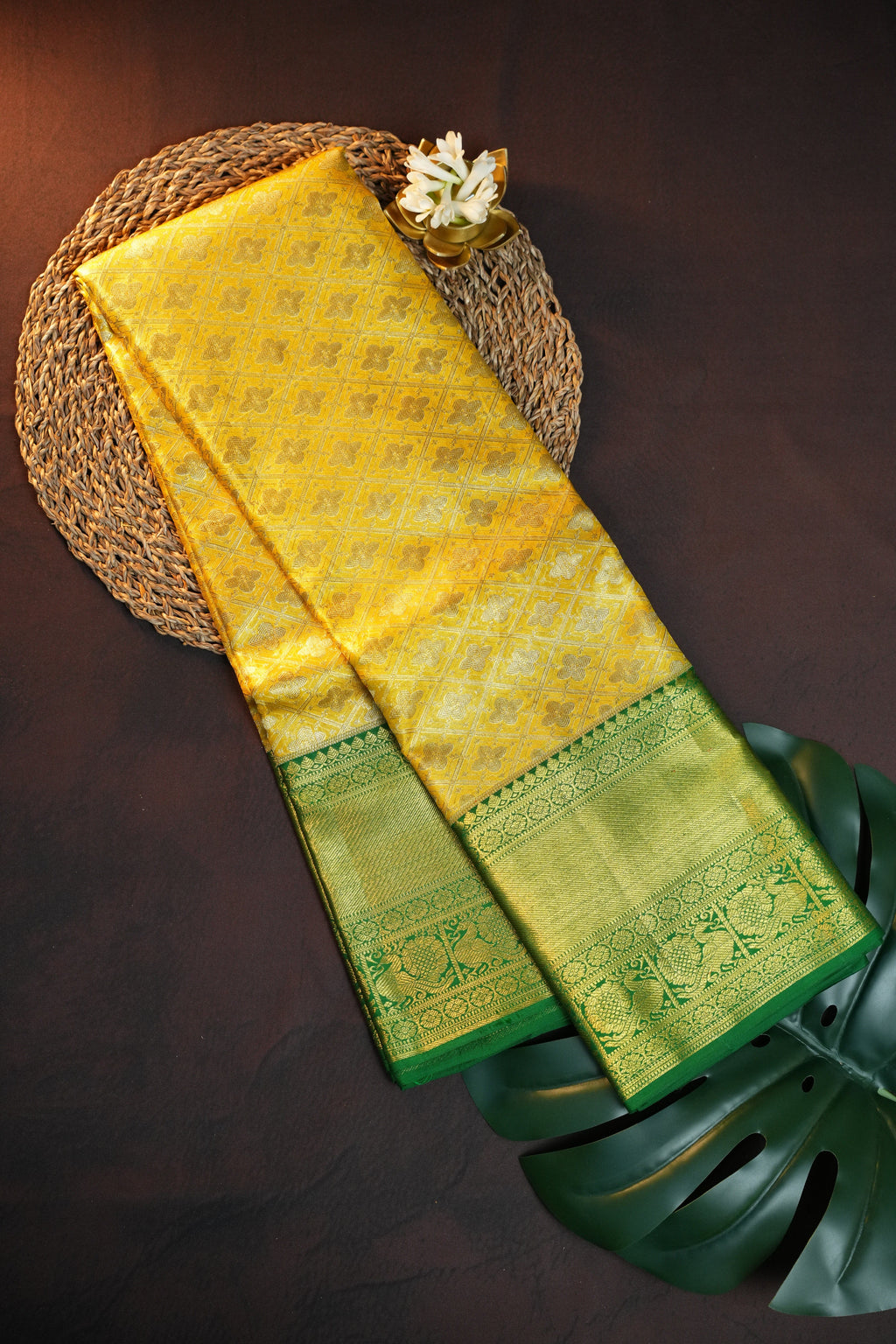 Kanchi Pattu Saree in Mustard Yellow with Green Border