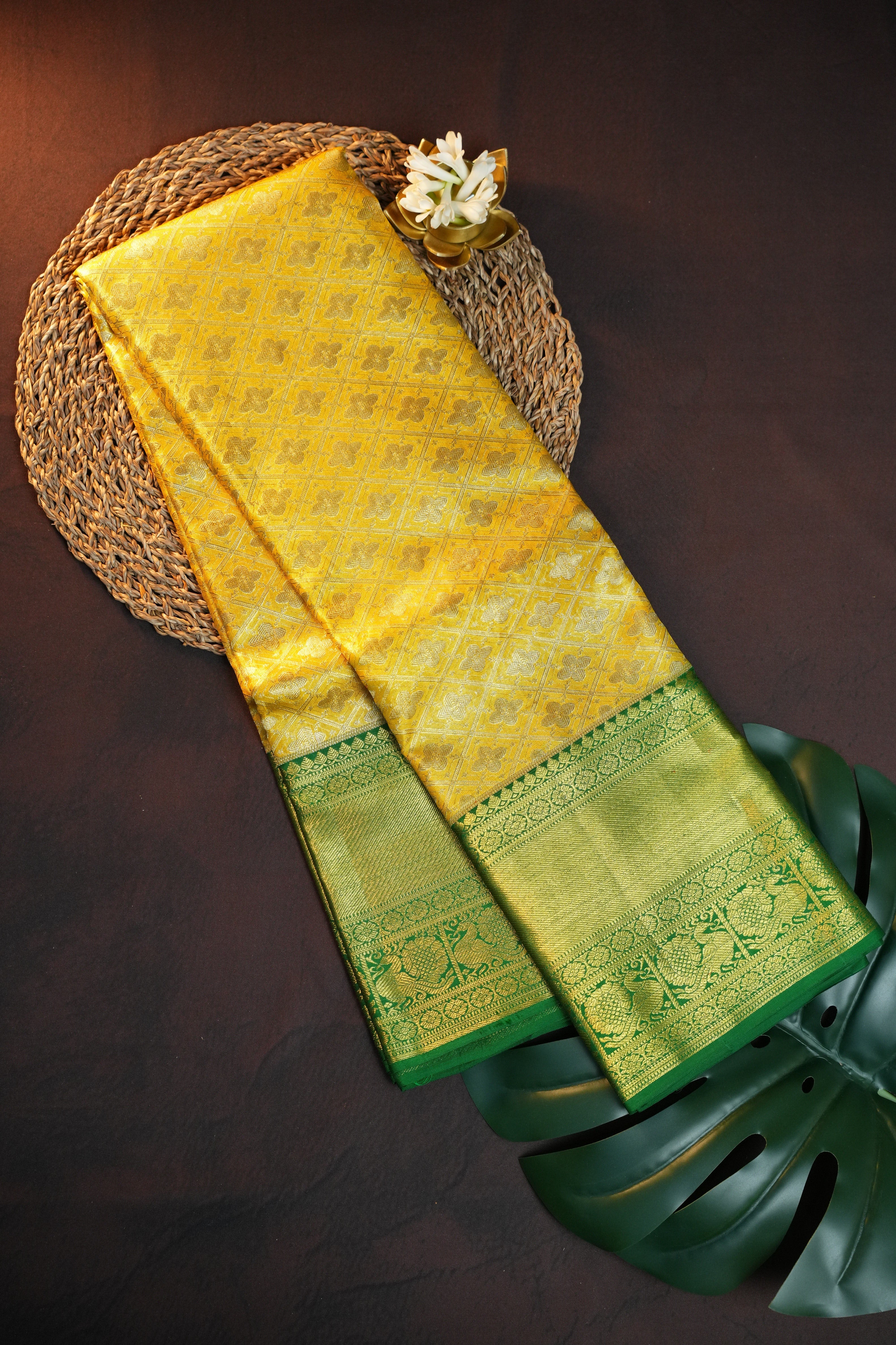 Kanchi Pattu Saree in Mustard Yellow with Green Border