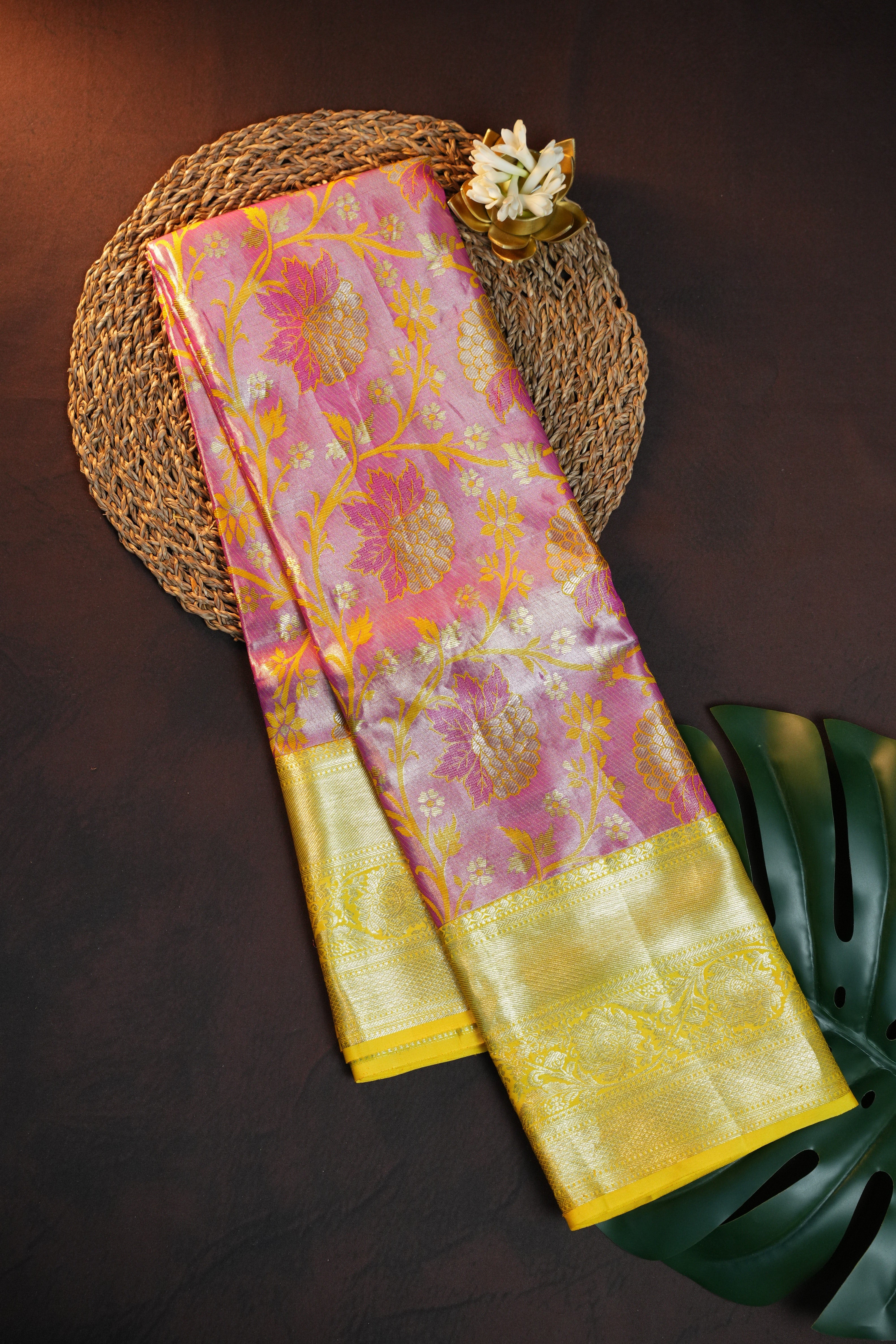 Kanchi Pattu Saree in Pink with Gold Floral Weaving