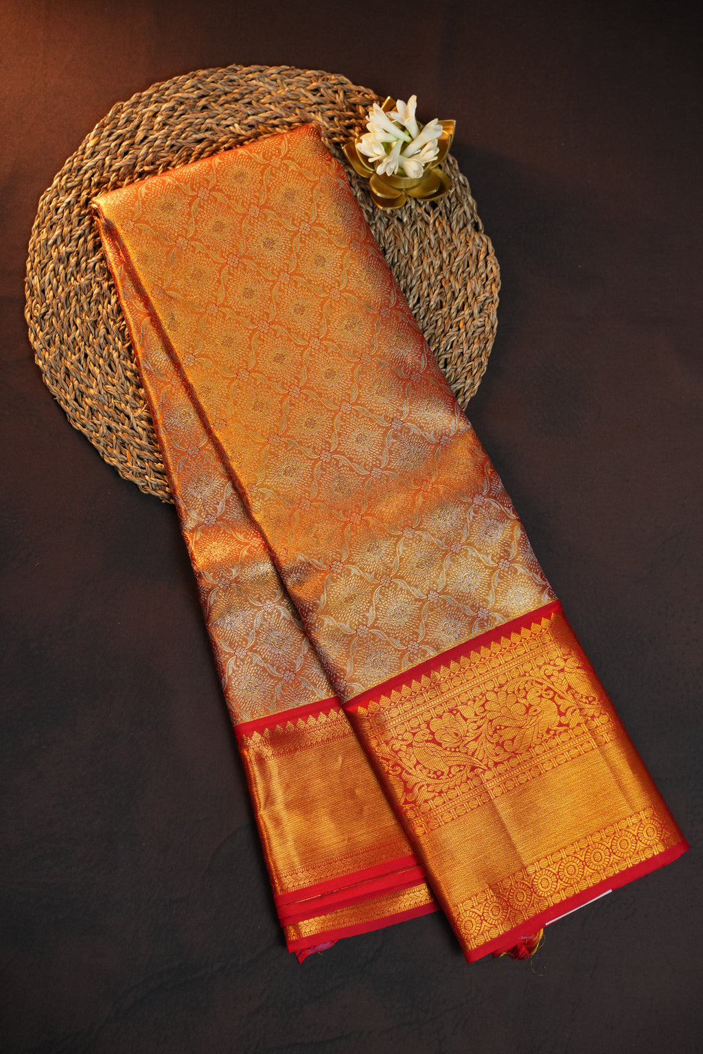 Kanchi Pattu Saree in Copper Gold with Red Border