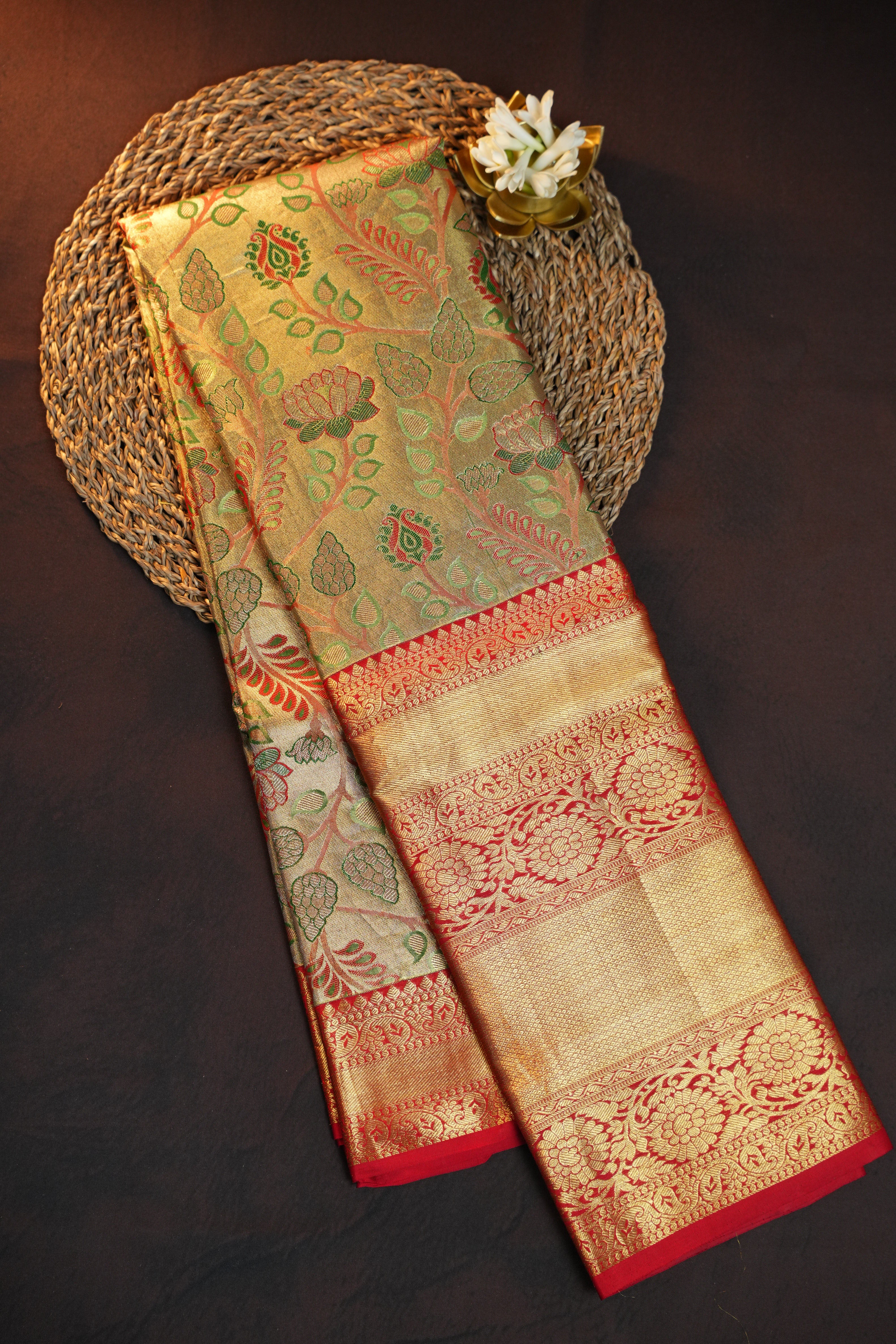 Golden Floral Kanchi Pattu Saree with Rich Red Zari Border
