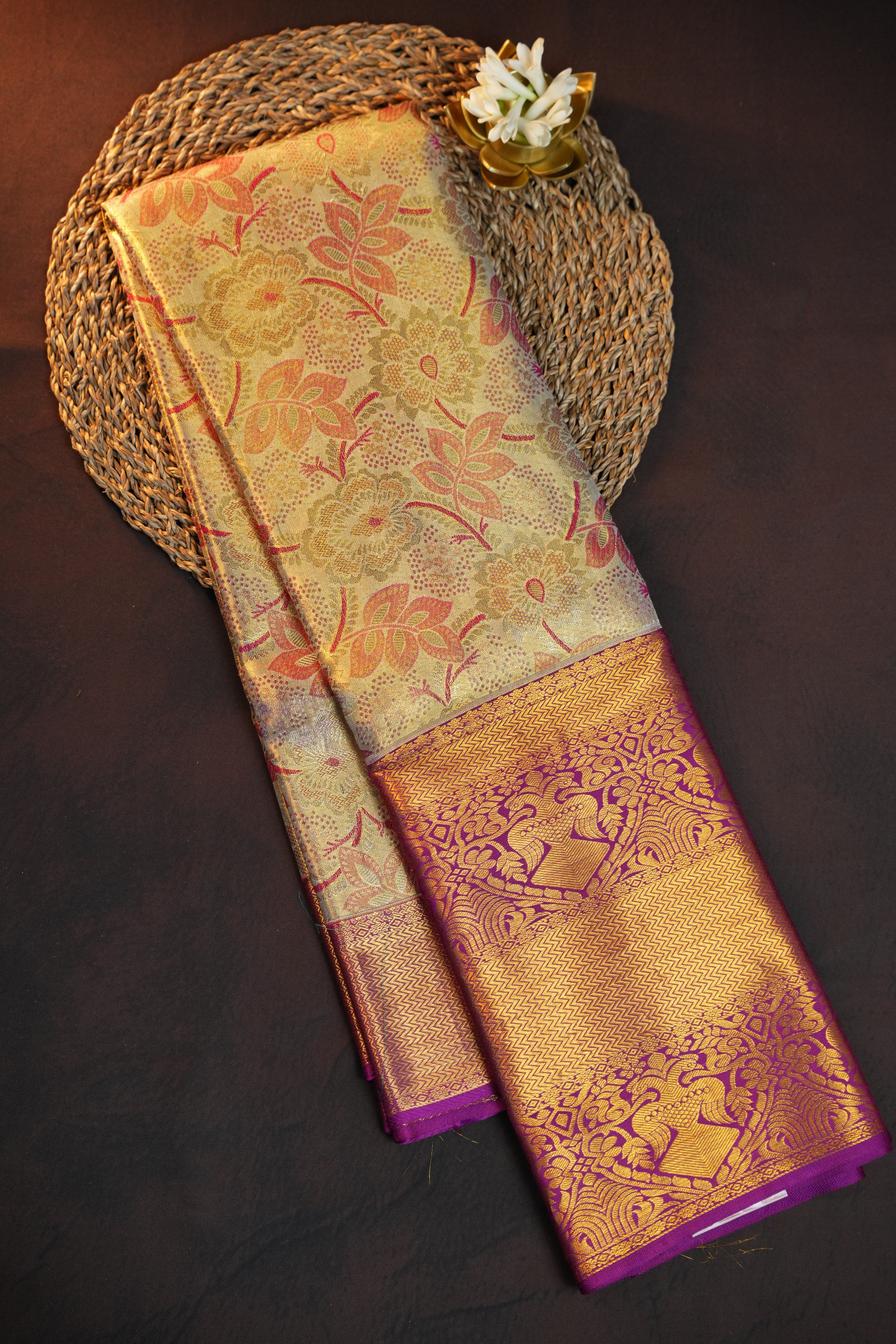 Golden Floral Kanchi Pattu Saree with Royal Purple Border