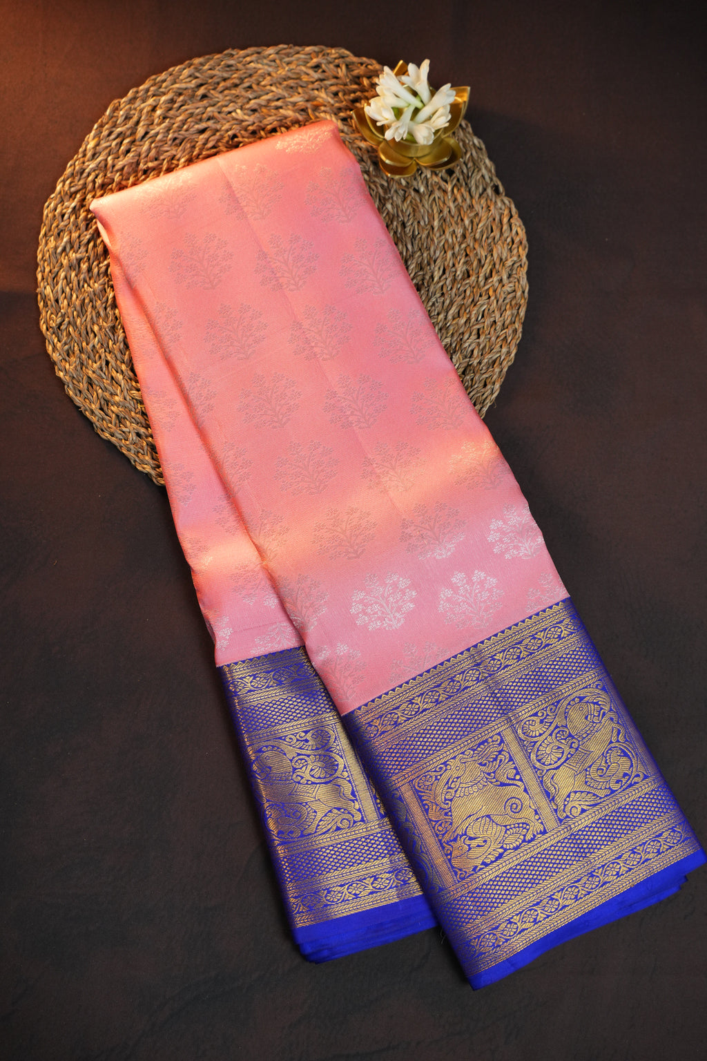Baby Pink Kanchi Pattu Saree with Royal Blue Zari Border