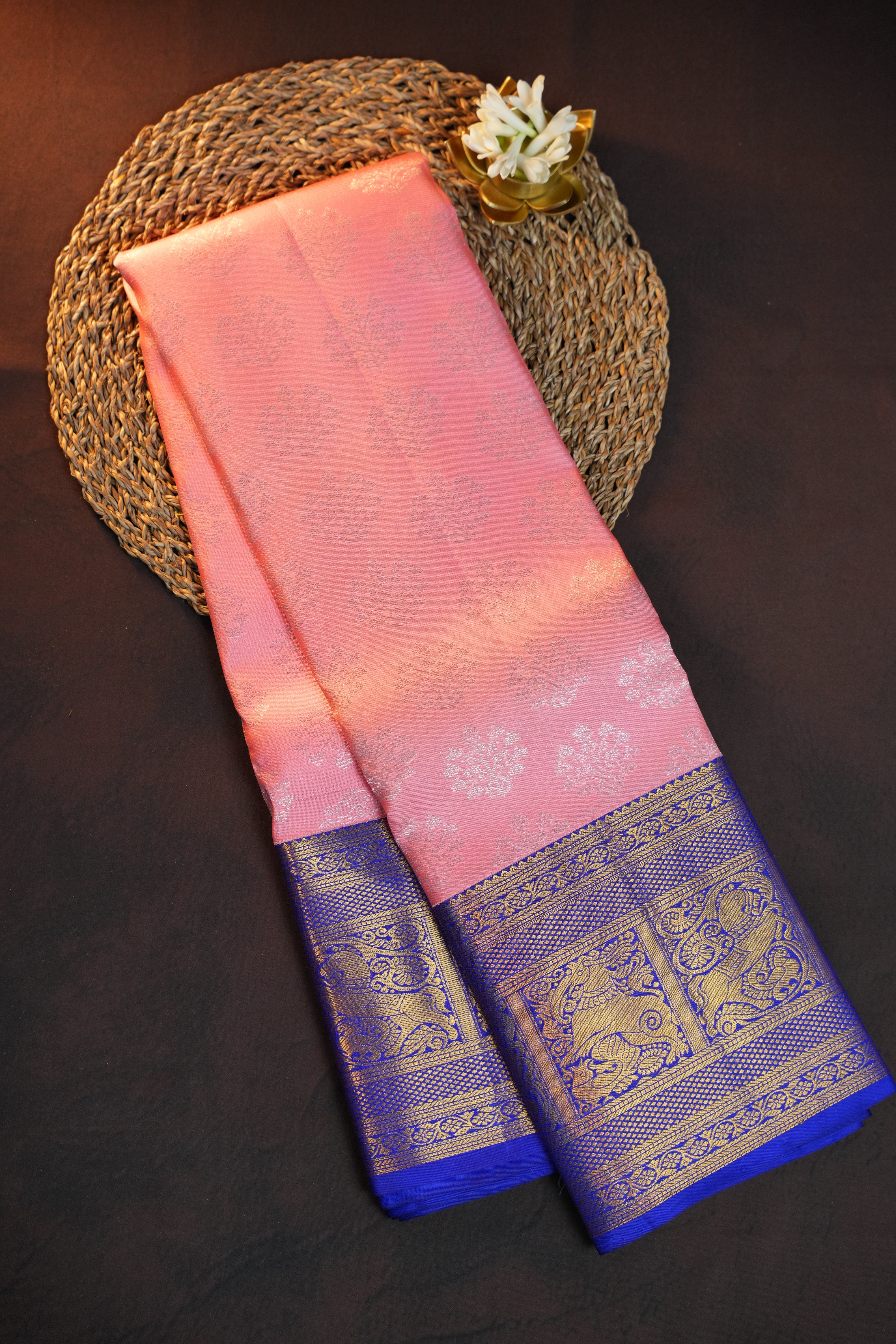 Baby Pink Kanchi Pattu Saree with Royal Blue Zari Border