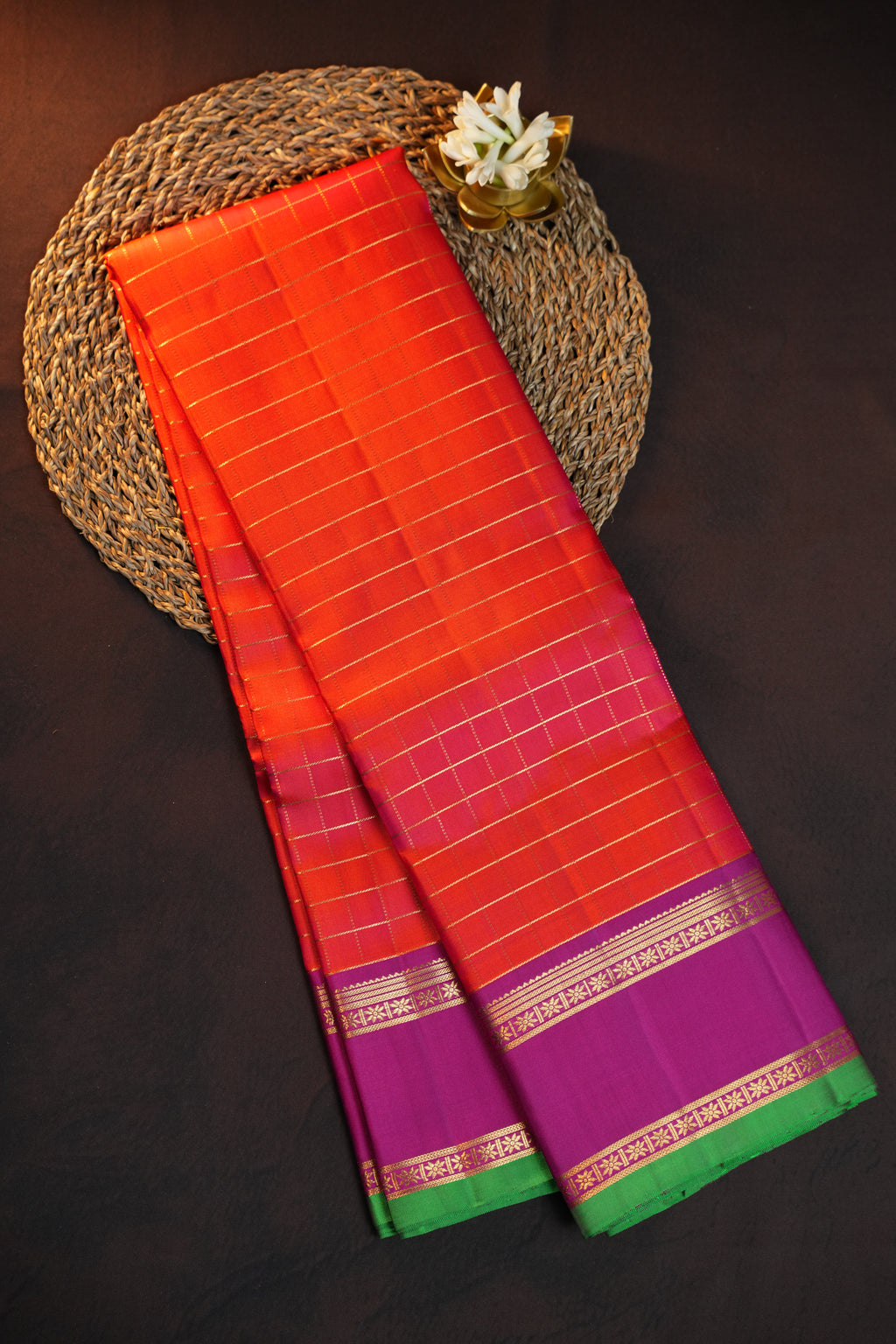 Orange Checks Kanchi Pattu Saree with Purple Border