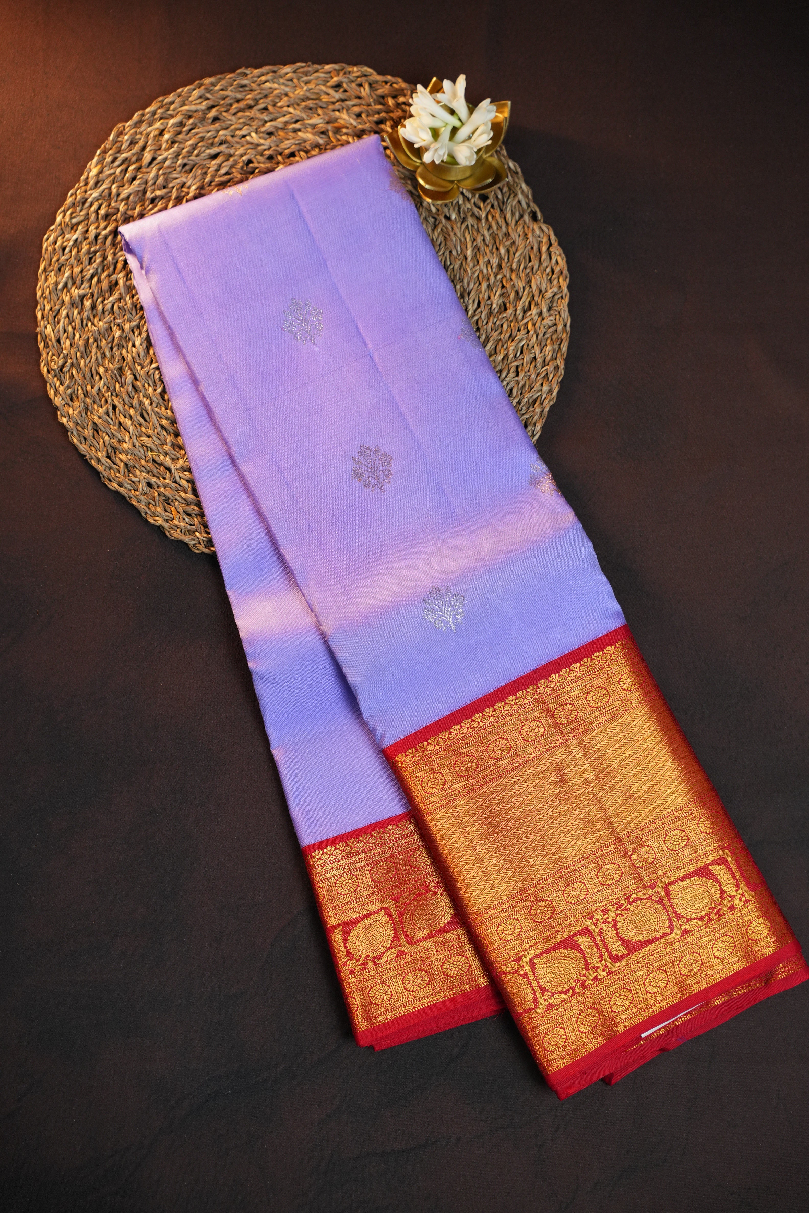 Lavender Kanchi Pattu Saree with Rich Red Zari Border