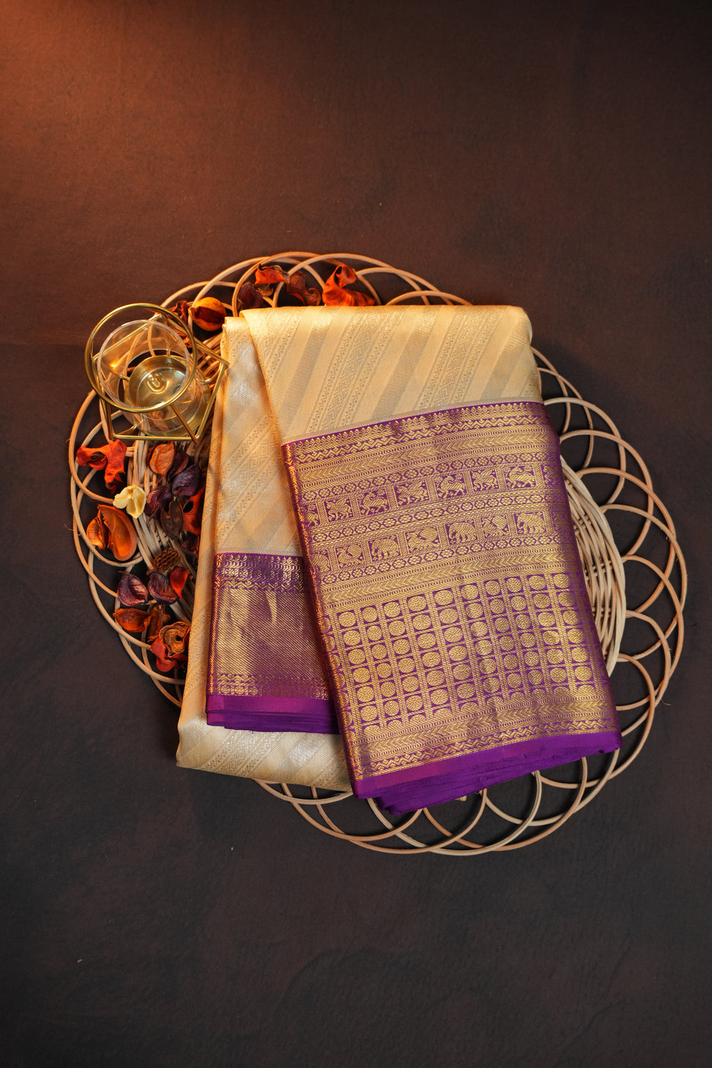 Cream Kanchi Pattu Saree with Royal Purple Zari Border