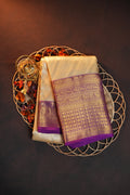 Cream Kanchi Pattu Saree with Royal Purple Zari Border