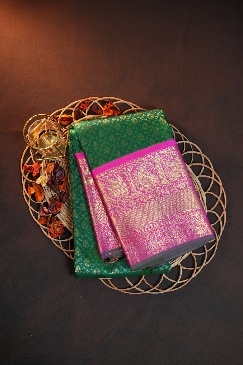 Green Kanchi Pattu Saree with Pink Zari Border