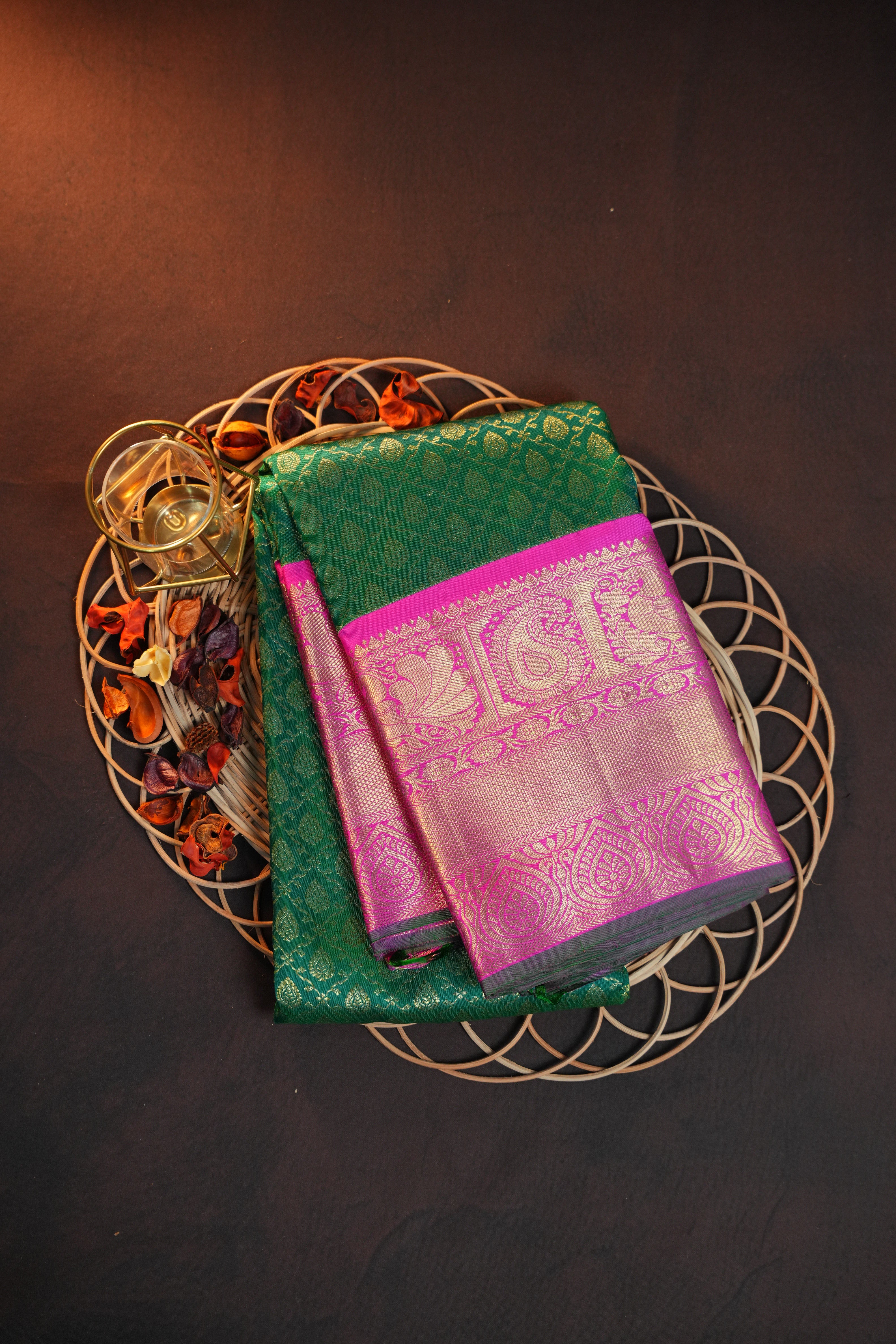 Green Kanchi Pattu Saree with Pink Zari Border