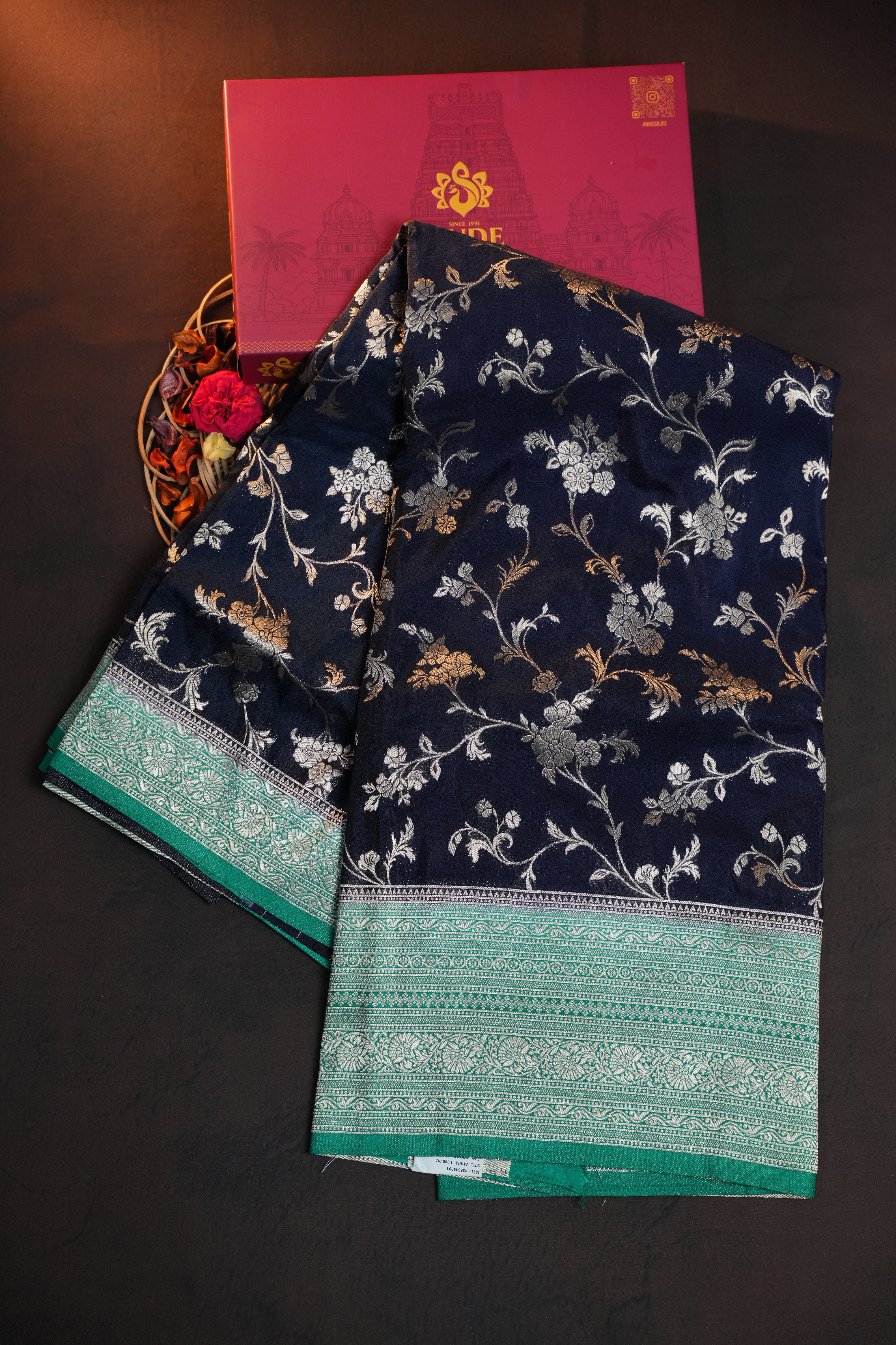 Navy Blue Fancy Banaras Saree with Silver Floral Weaving