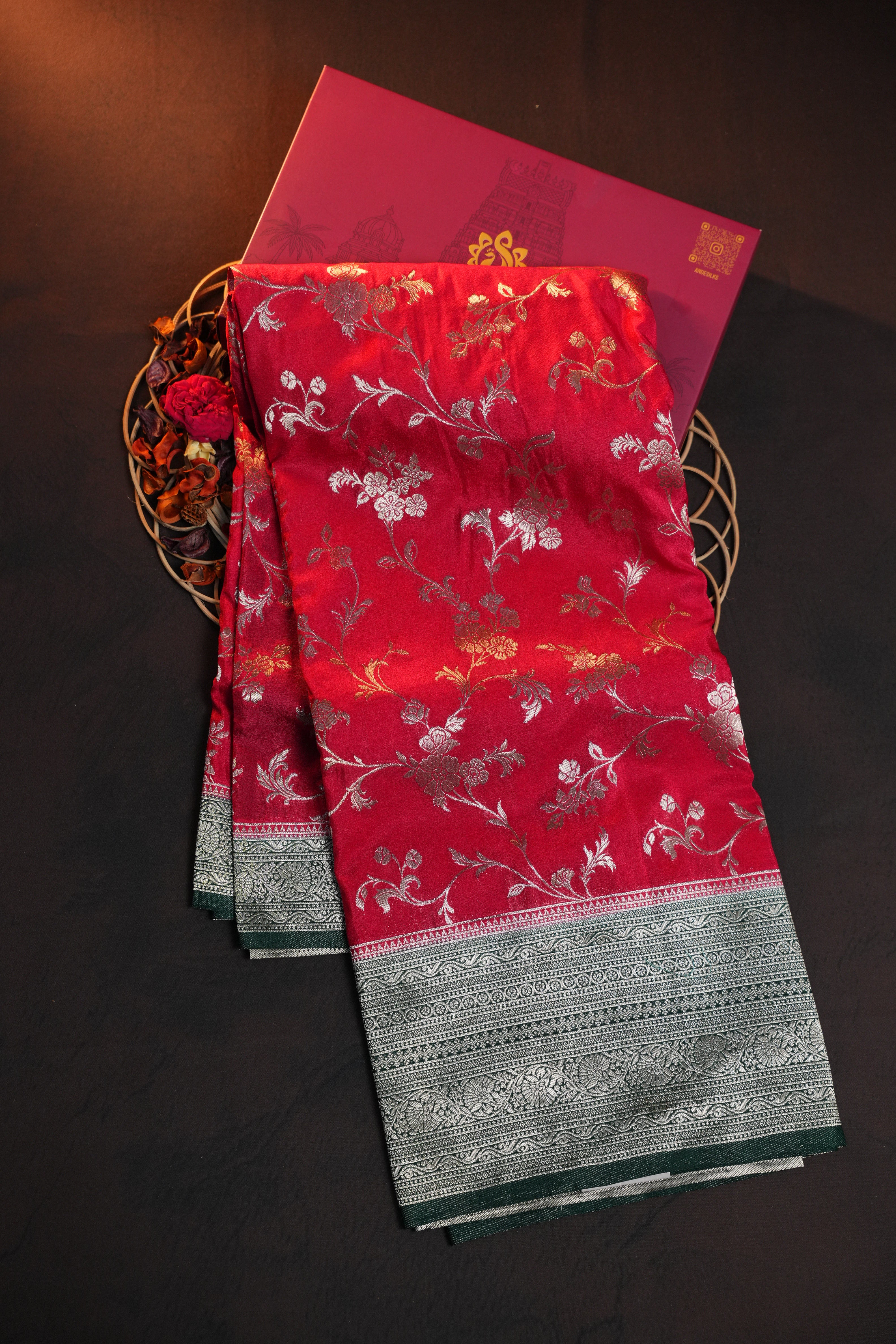 Ruby Red Fancy Banaras Saree with Silver Floral Weaving