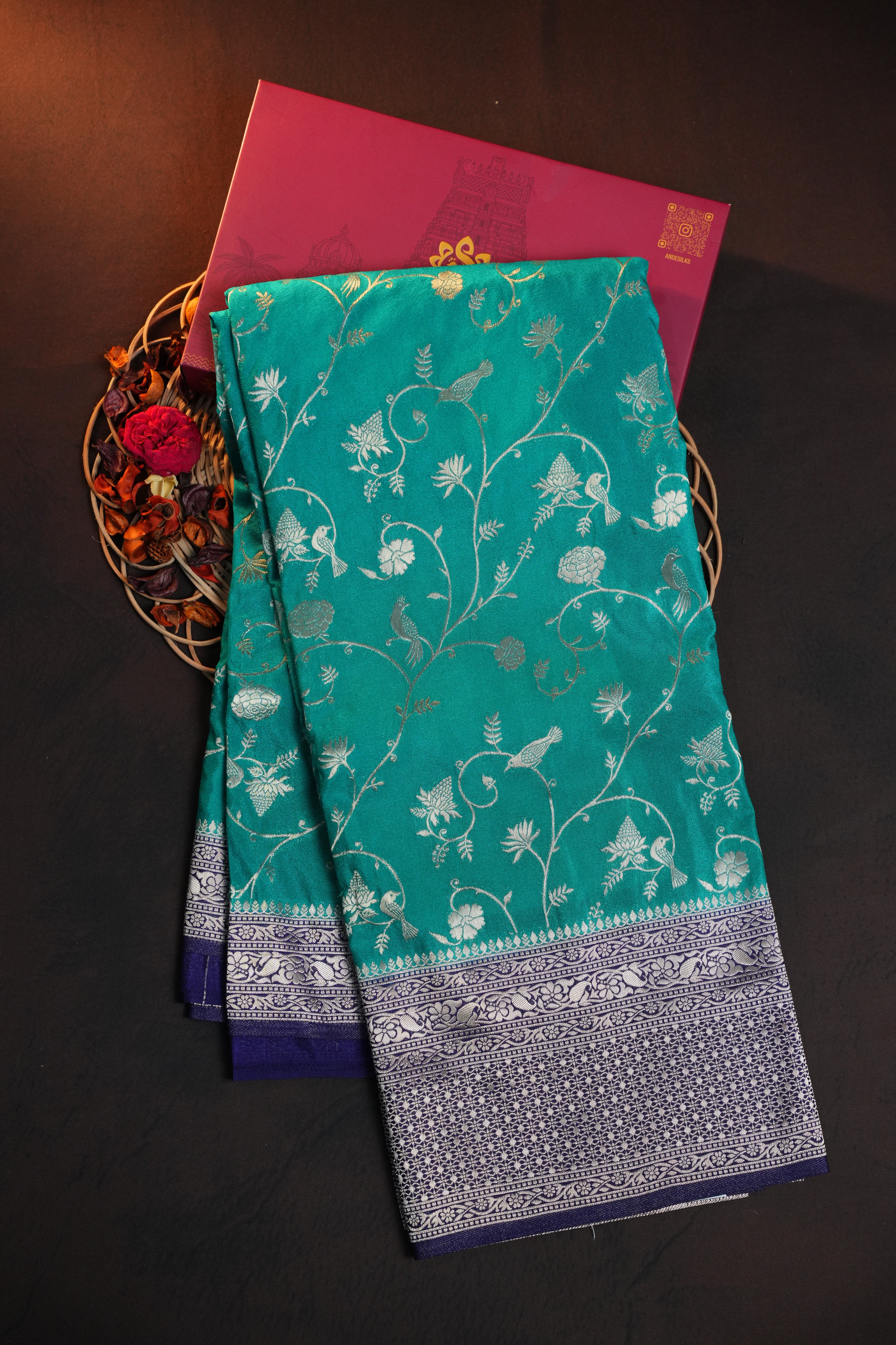 Turquoise Fancy Banaras Saree with Silver Bird & Floral Weaving