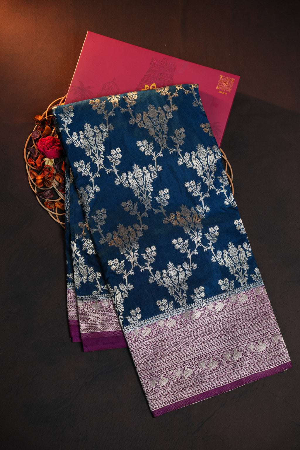 Royal Blue Fancy Banaras Saree with Silver Floral Bird Weaving