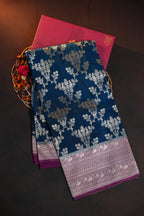Royal Blue Fancy Banaras Saree with Silver Floral Bird Weaving