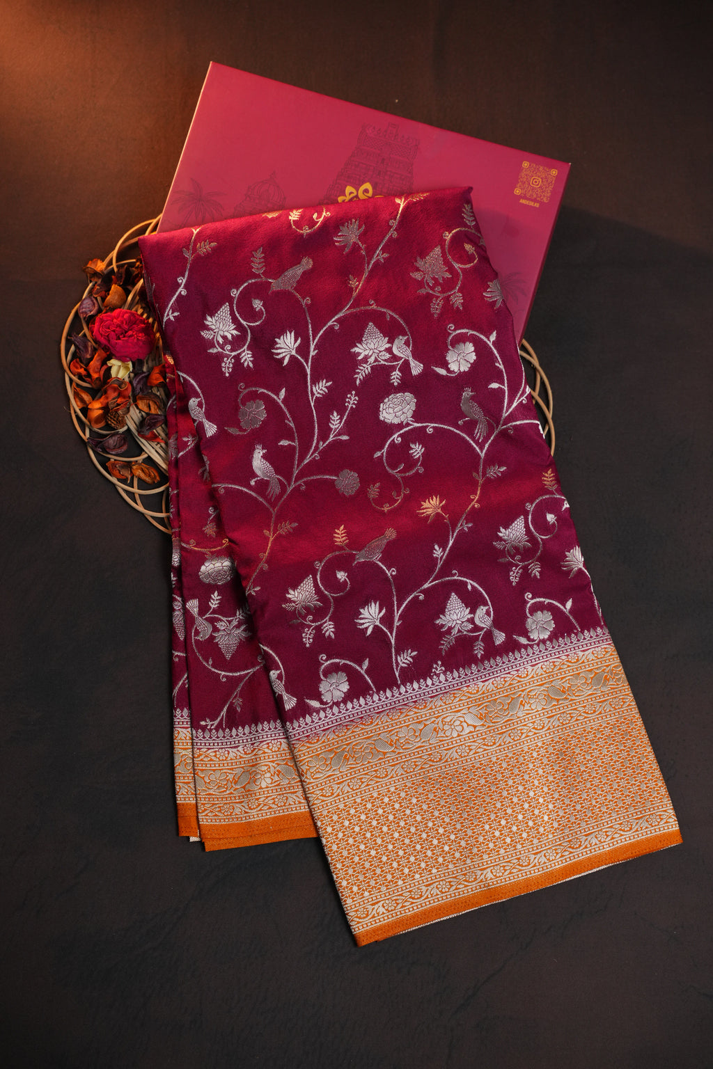 Wine Purple Fancy Banaras Saree with Silver Bird Weaving