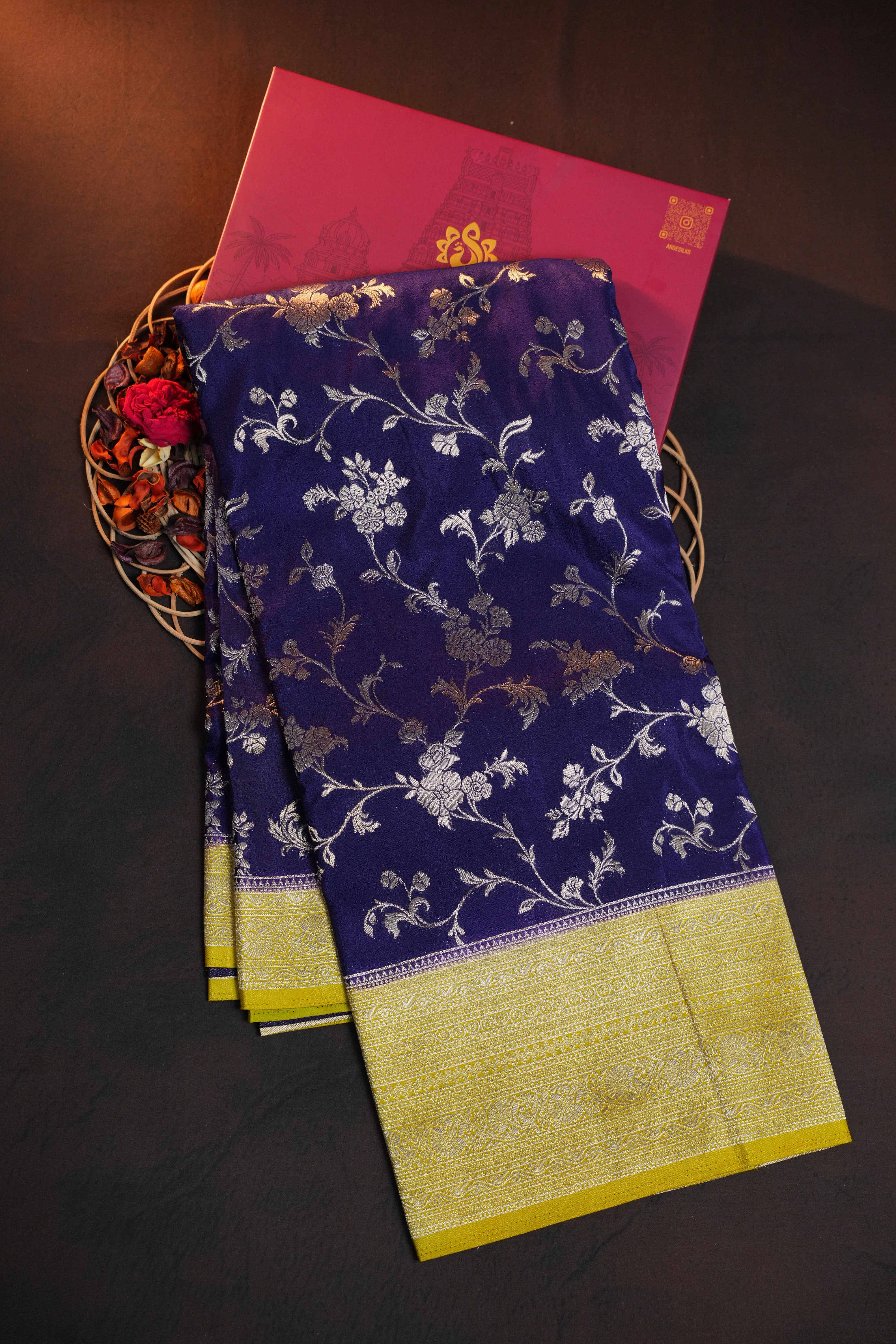 Royal Blue Fancy Banaras Saree with Silver Floral Weaving