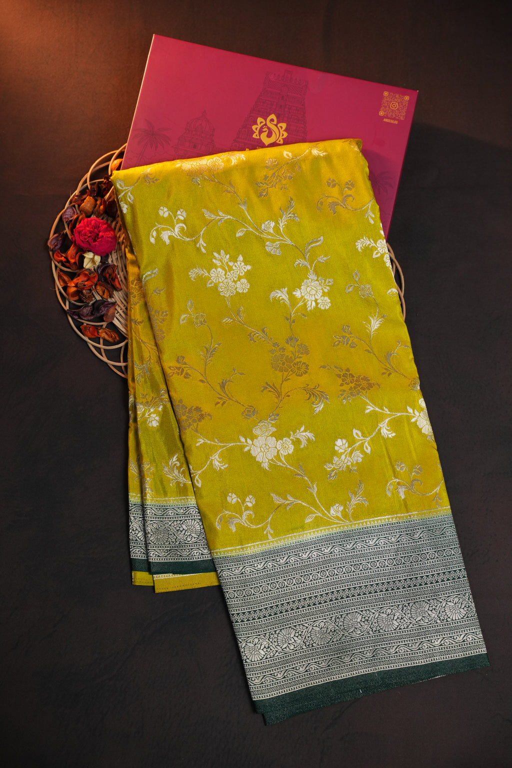 Mustard Yellow Fancy Banaras Saree with Silver Floral Weaving
