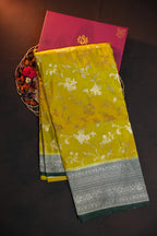 Mustard Yellow Fancy Banaras Saree with Silver Floral Weaving