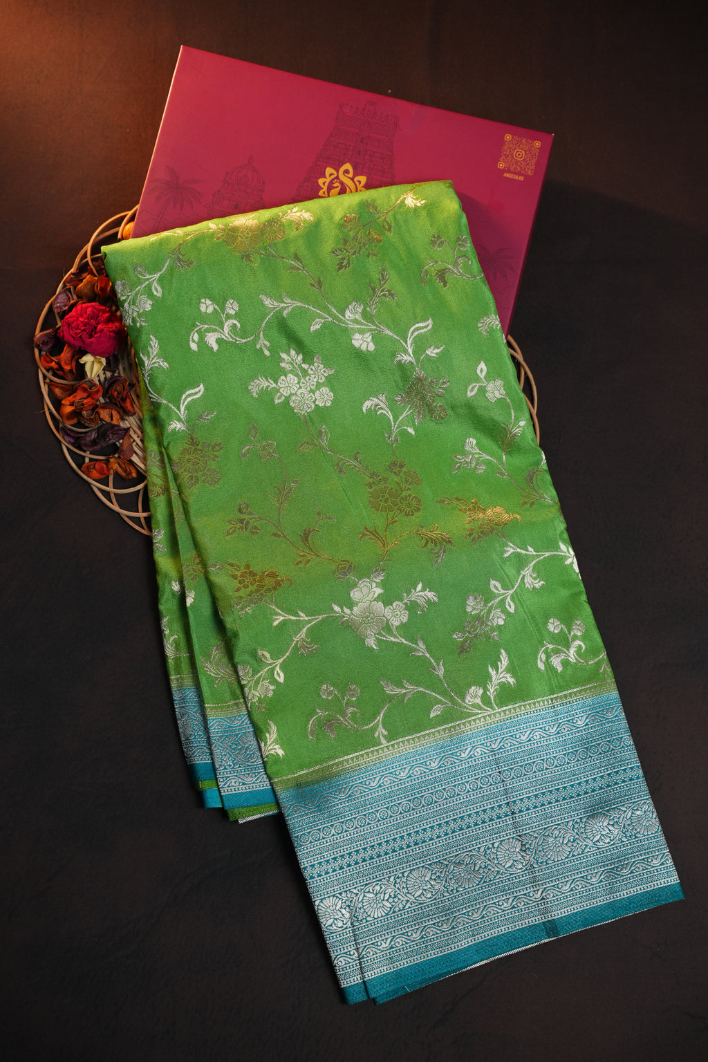 Parrot Green Fancy Banaras Saree with Silver Floral Weaving
