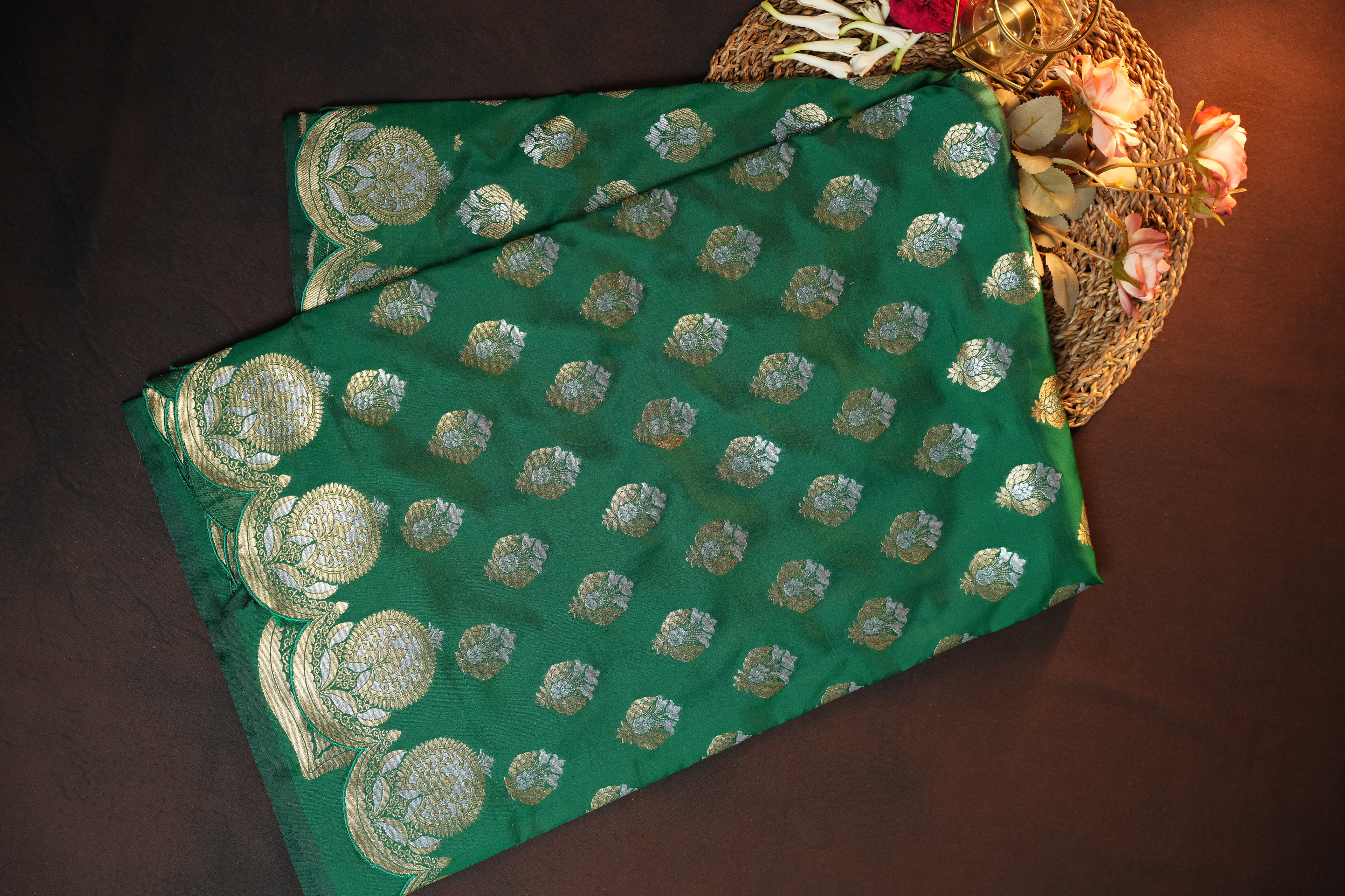 Emerald Green Banaras Saree with Silver Zari Buttas