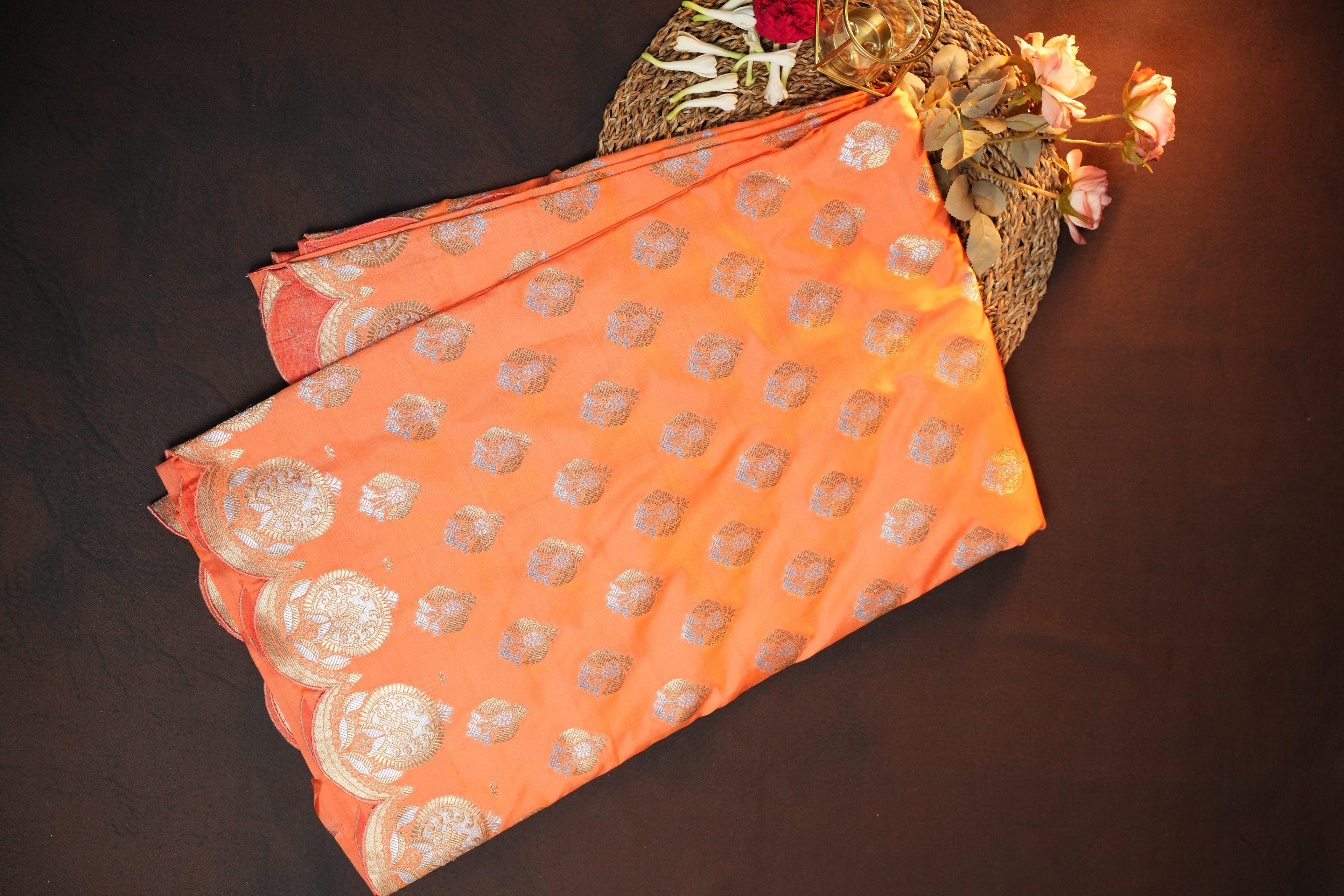 Peach Banaras Saree with Silver Zari Motifs