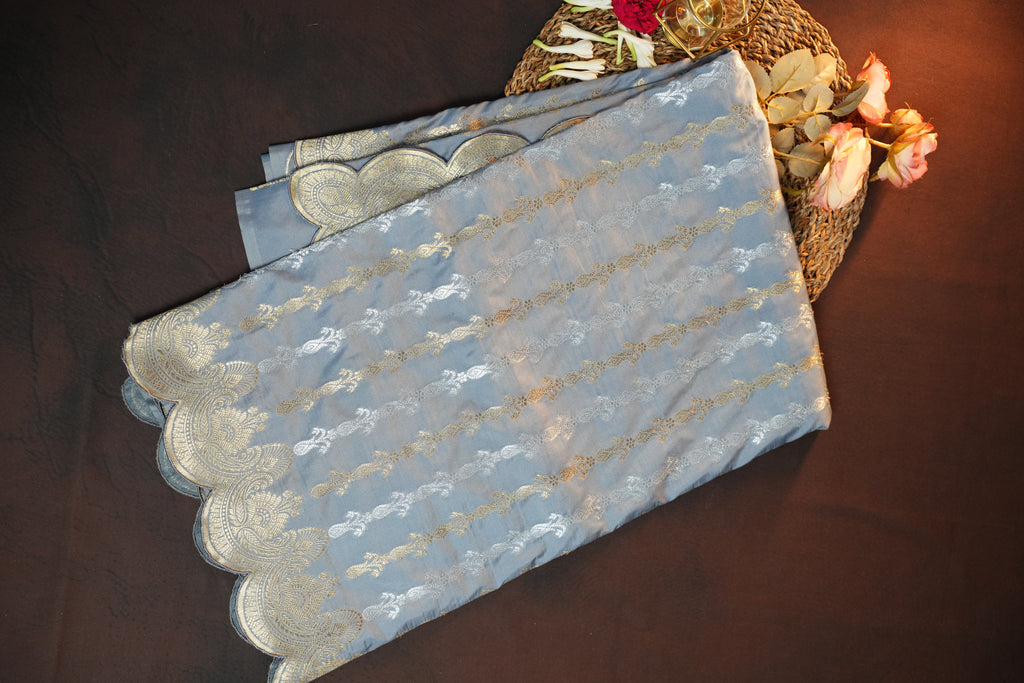 Grey Banaras Saree with Silver Zari Border