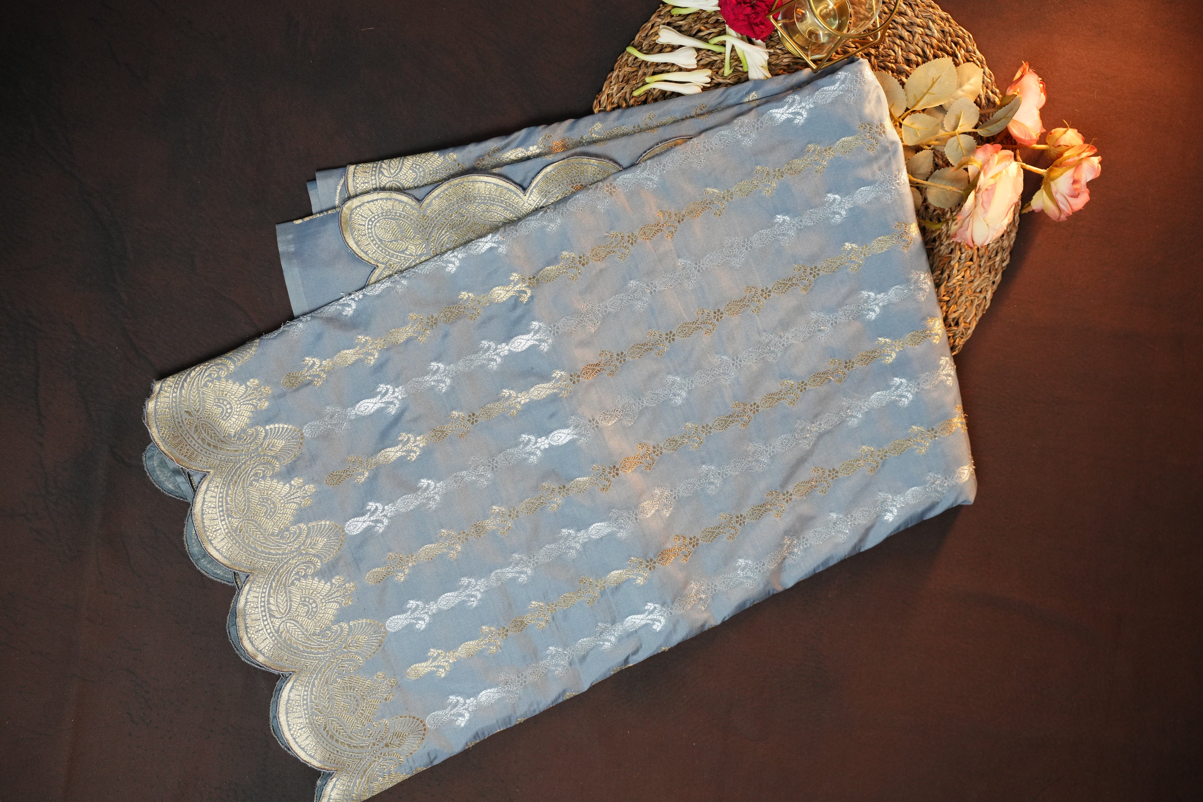 Grey Banaras Saree with Silver Zari Border