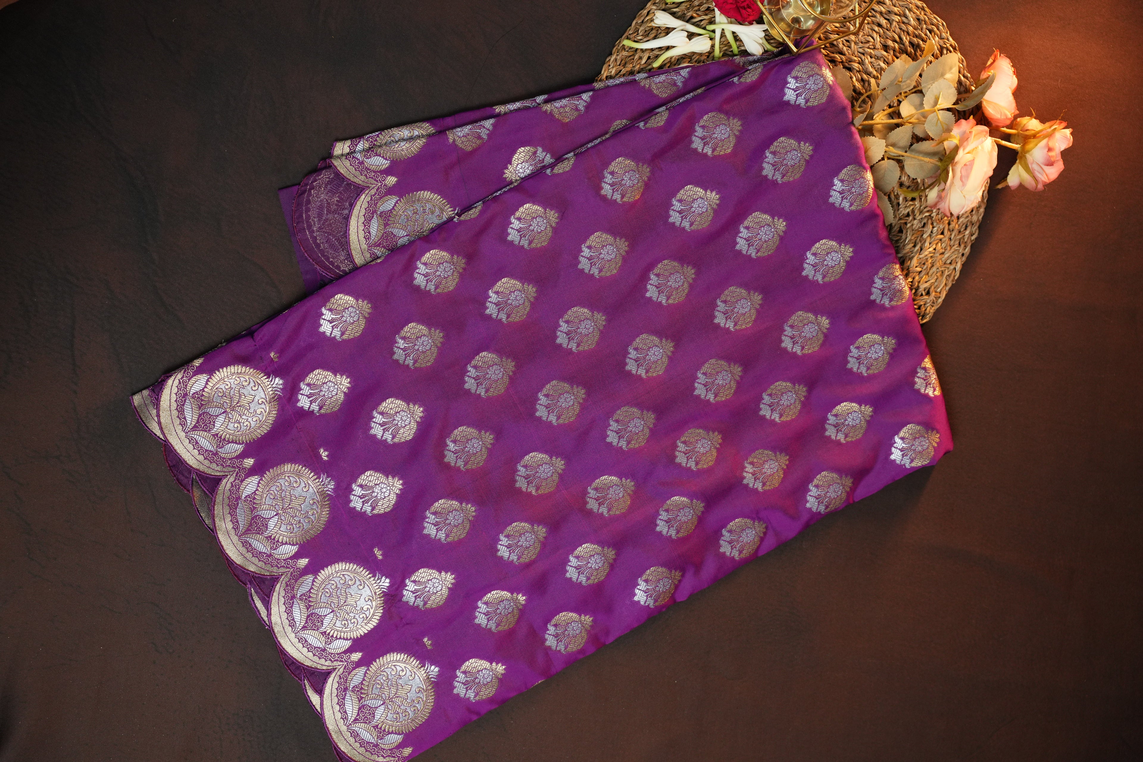 Purple Banaras Saree with Silver Zari Buttas
