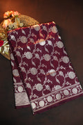 Wine Banaras Saree with Silver Floral Weaving