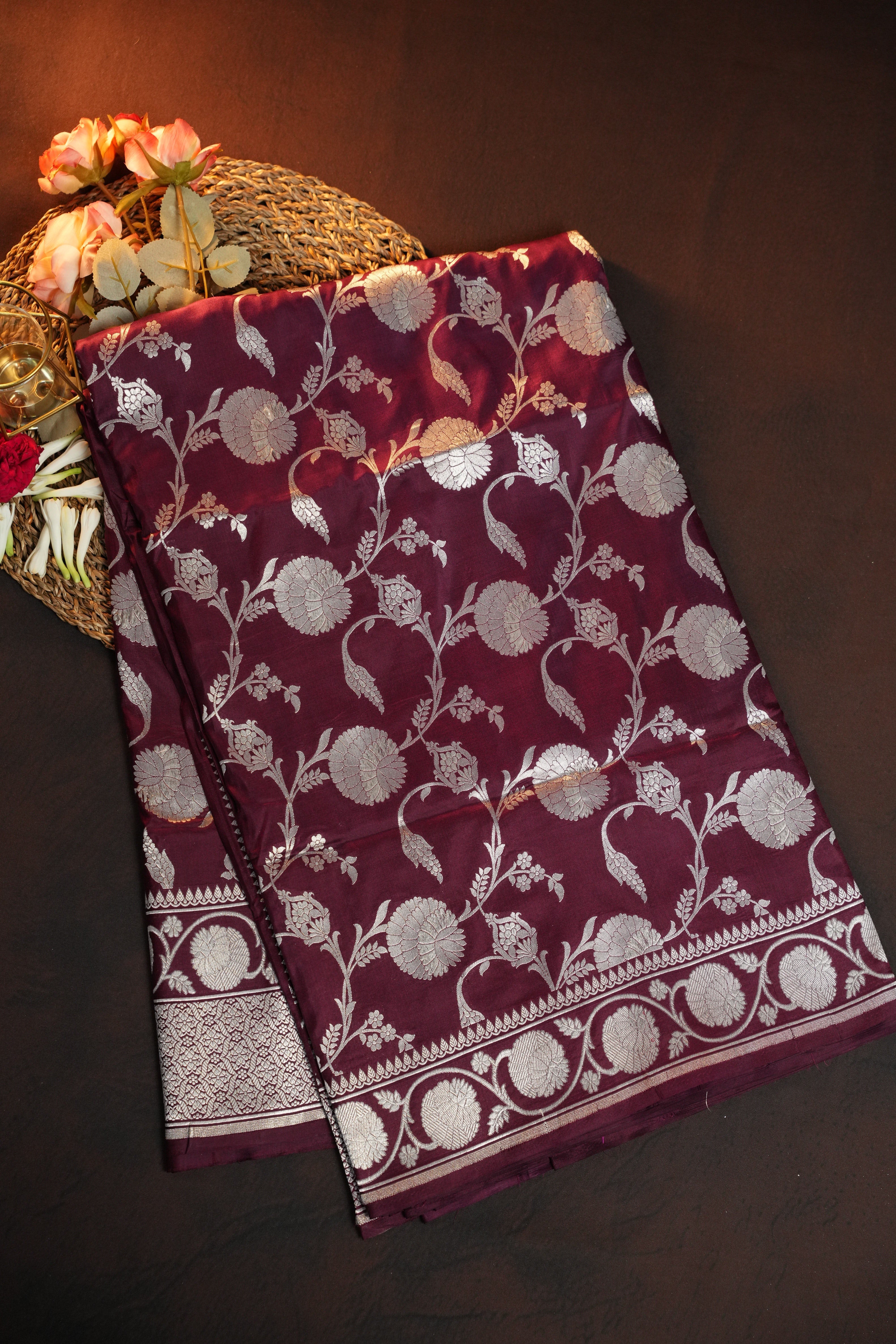 Wine Banaras Saree with Silver Floral Weaving