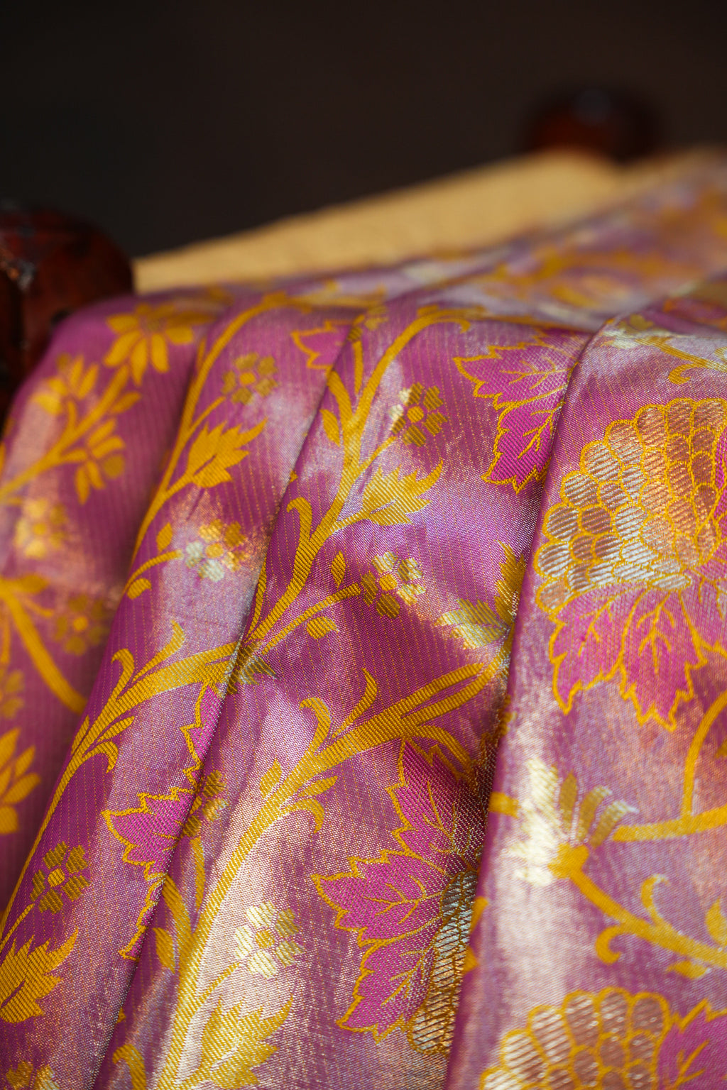 Kanchi Pattu Saree in Pink with Gold Floral Weaving