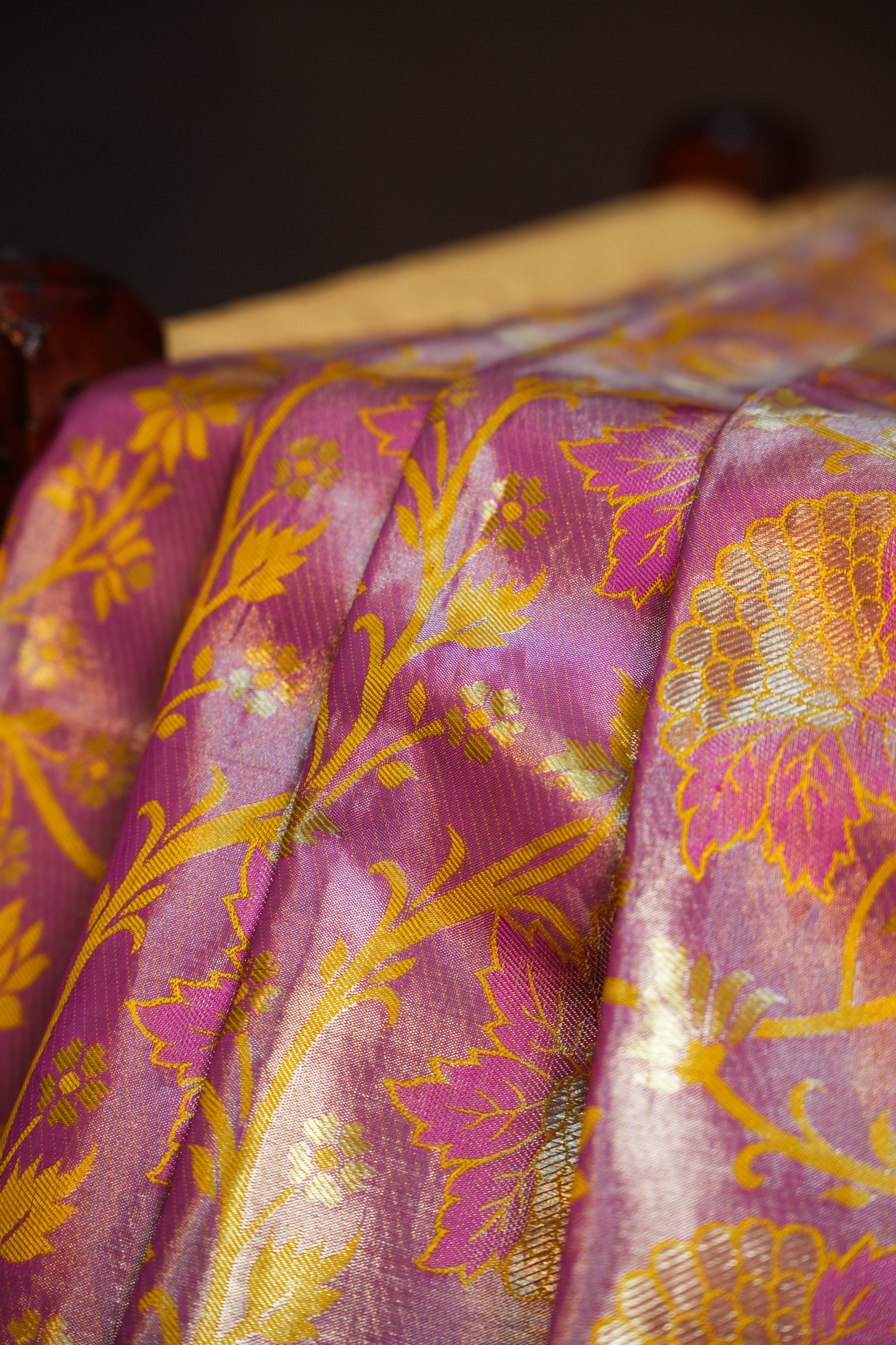 Kanchi Pattu Saree in Pink with Gold Floral Weaving