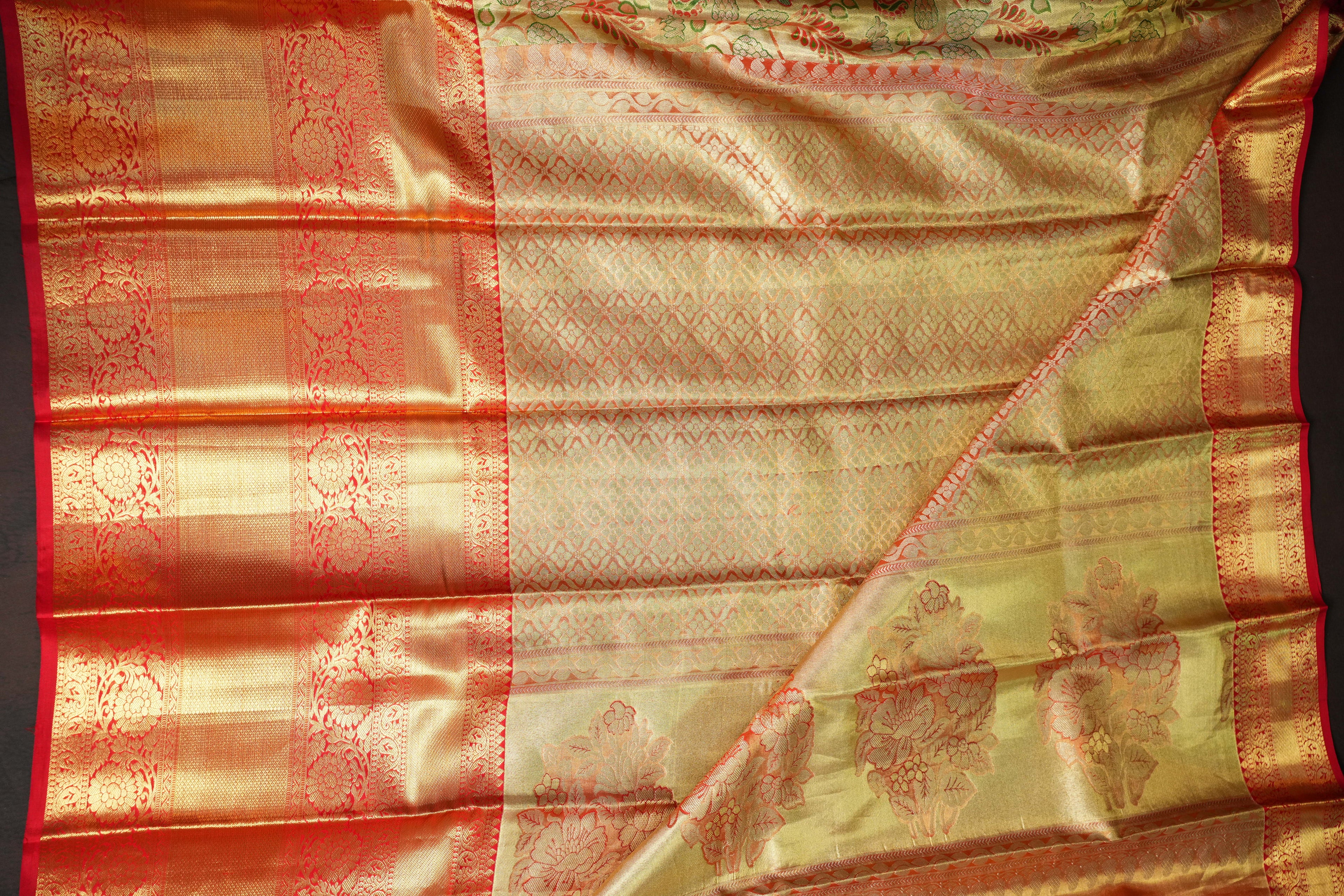 Golden Floral Kanchi Pattu Saree with Rich Red Zari Border