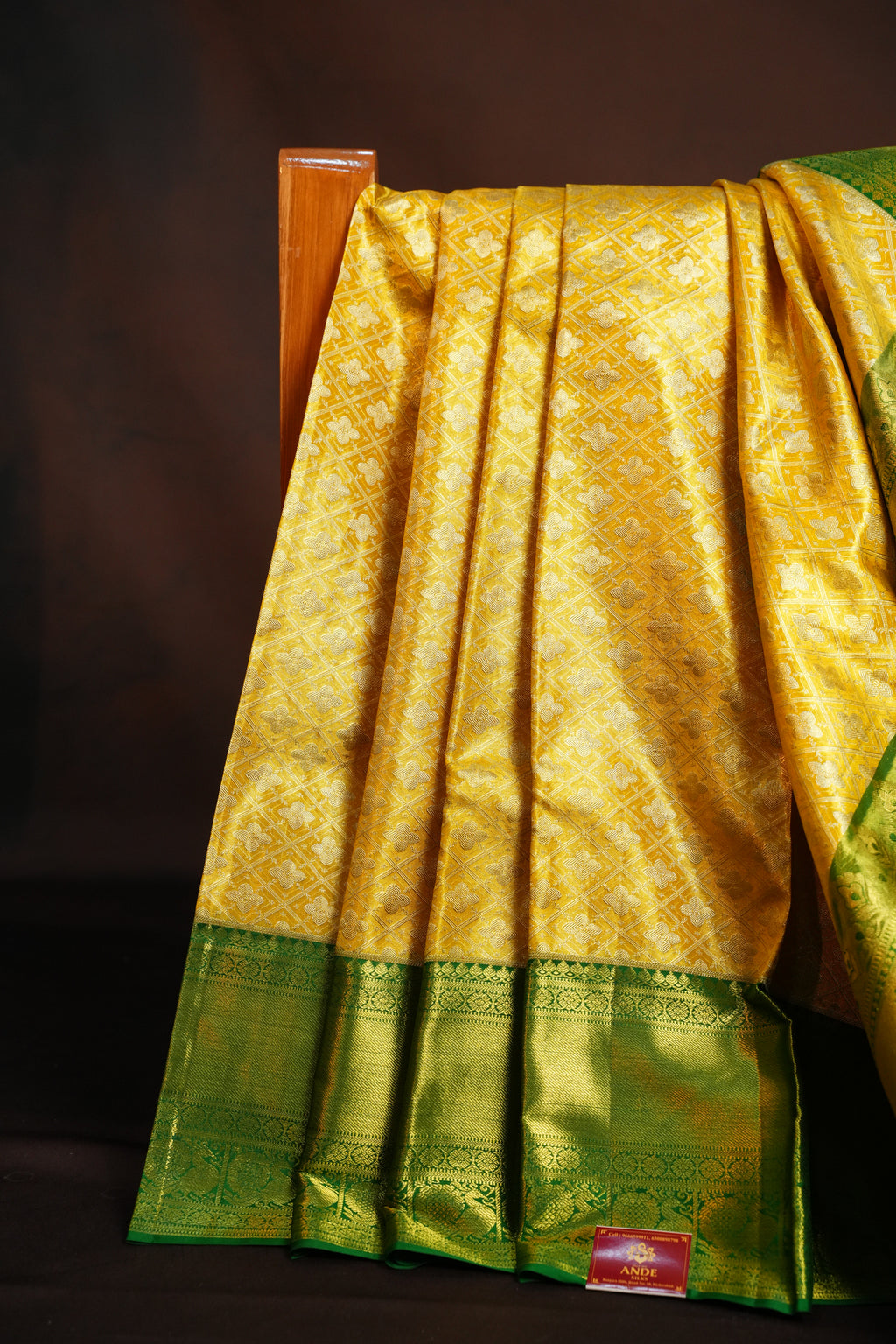Kanchi Pattu Saree in Mustard Yellow with Green Border