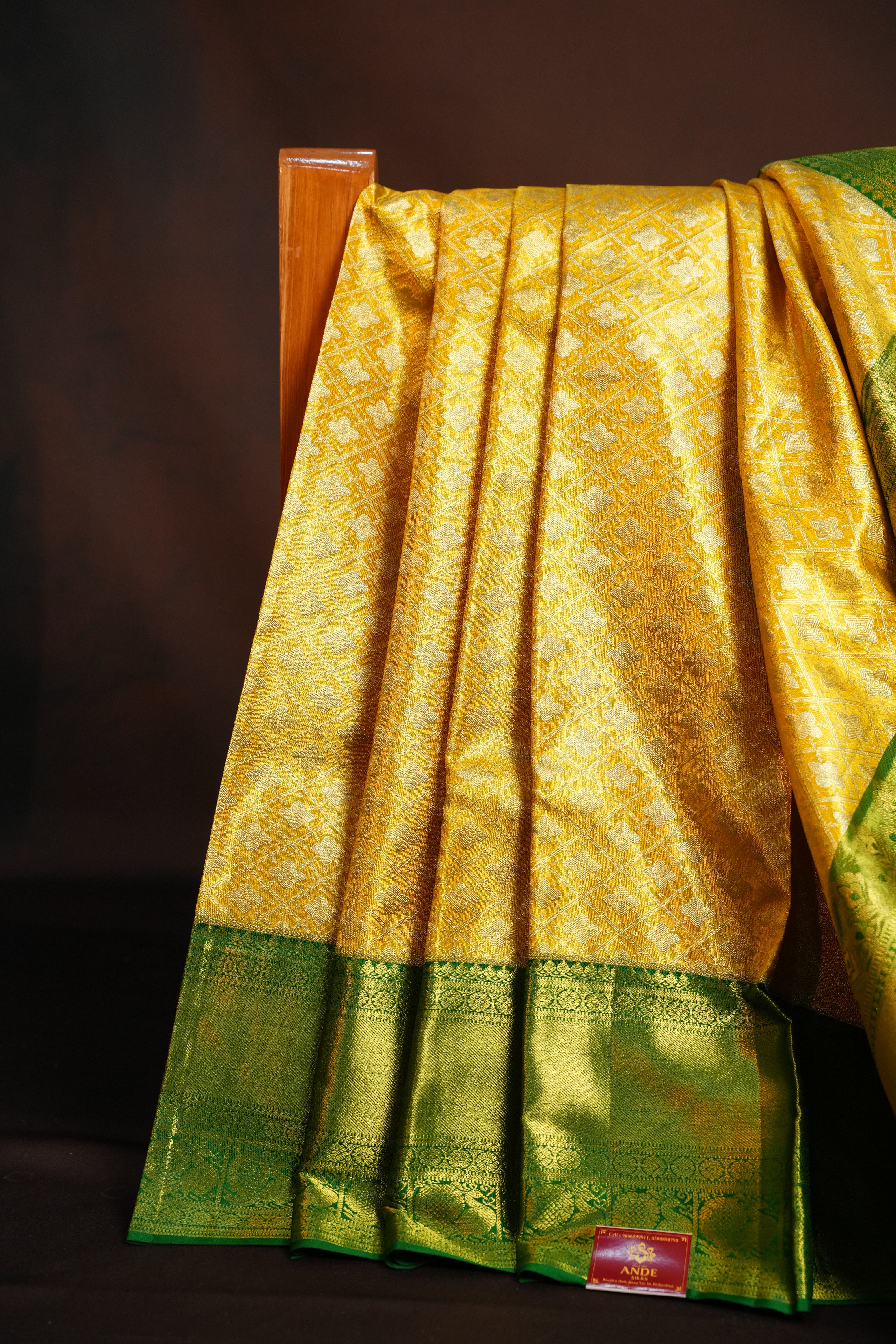 Kanchi Pattu Saree in Mustard Yellow with Green Border