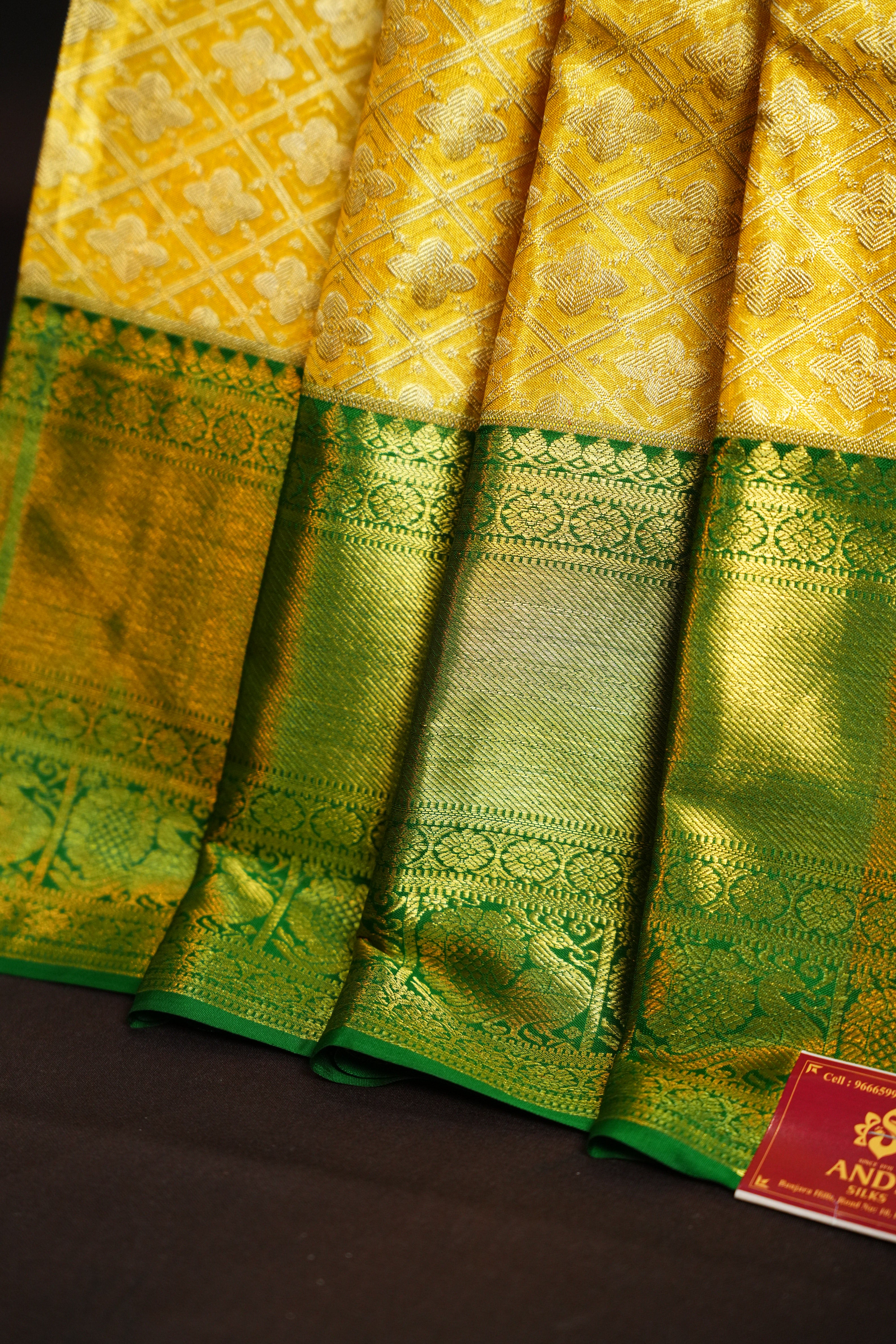 Kanchi Pattu Saree in Mustard Yellow with Green Border