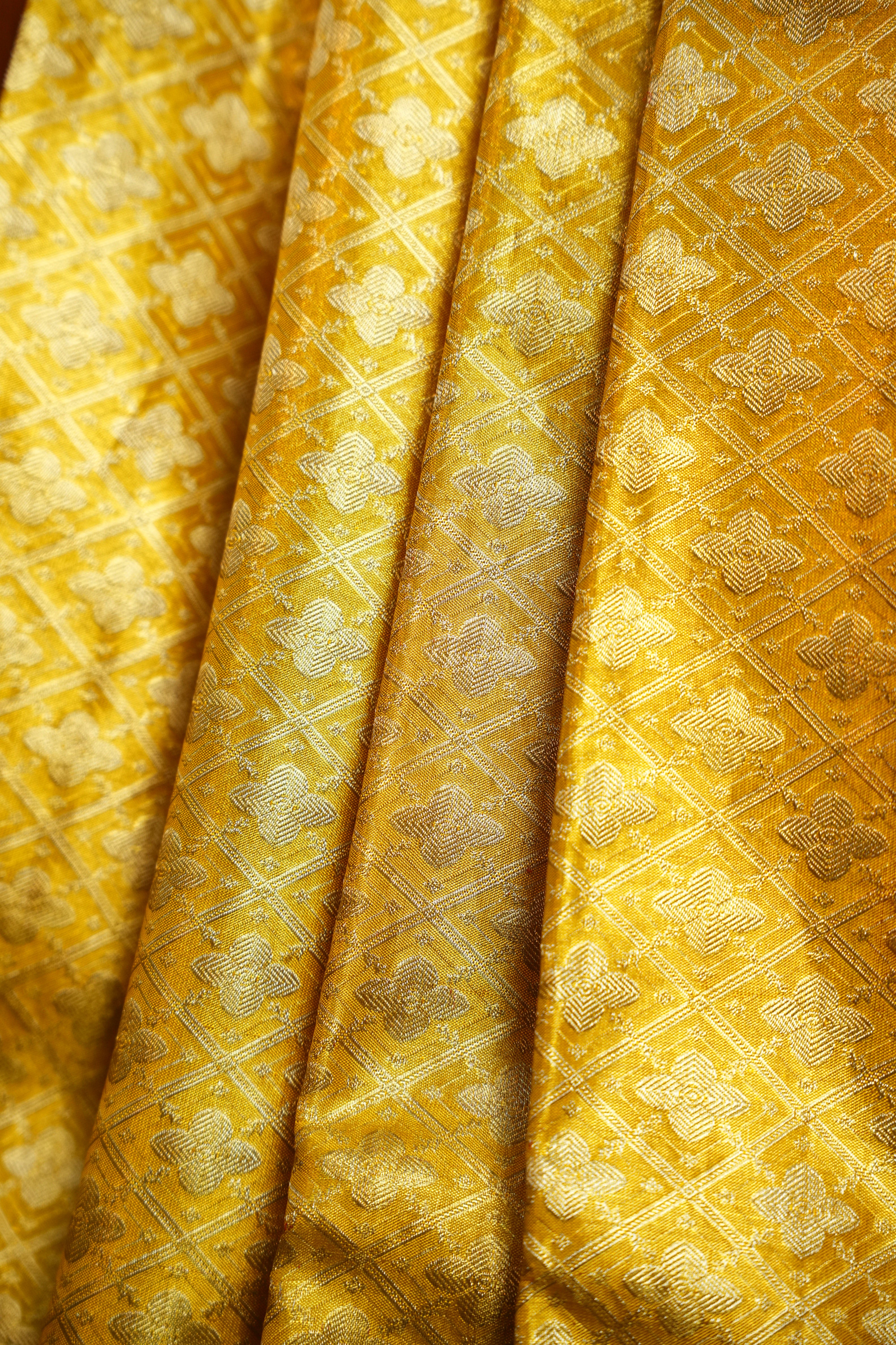 Kanchi Pattu Saree in Mustard Yellow with Green Border