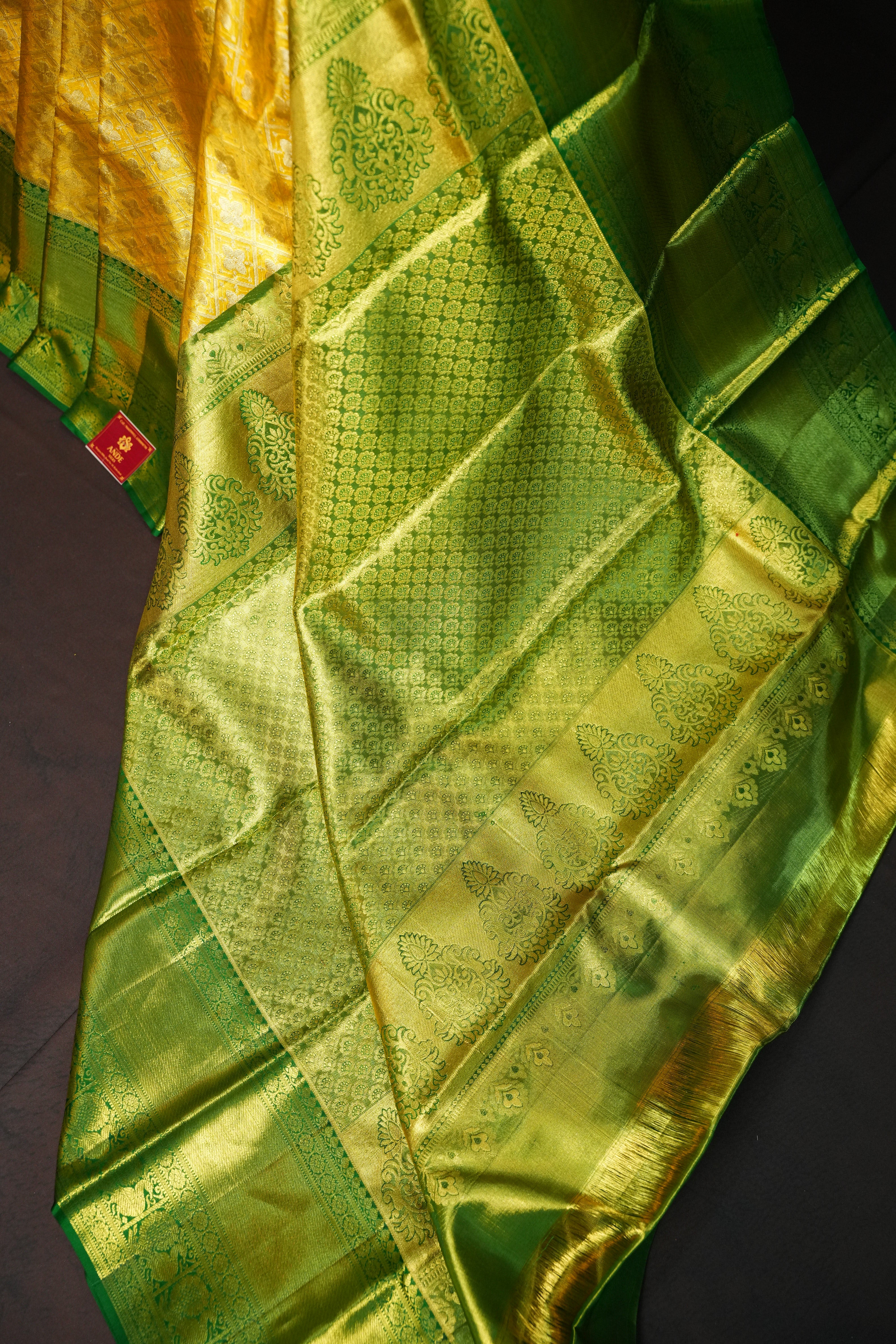 Kanchi Pattu Saree in Mustard Yellow with Green Border