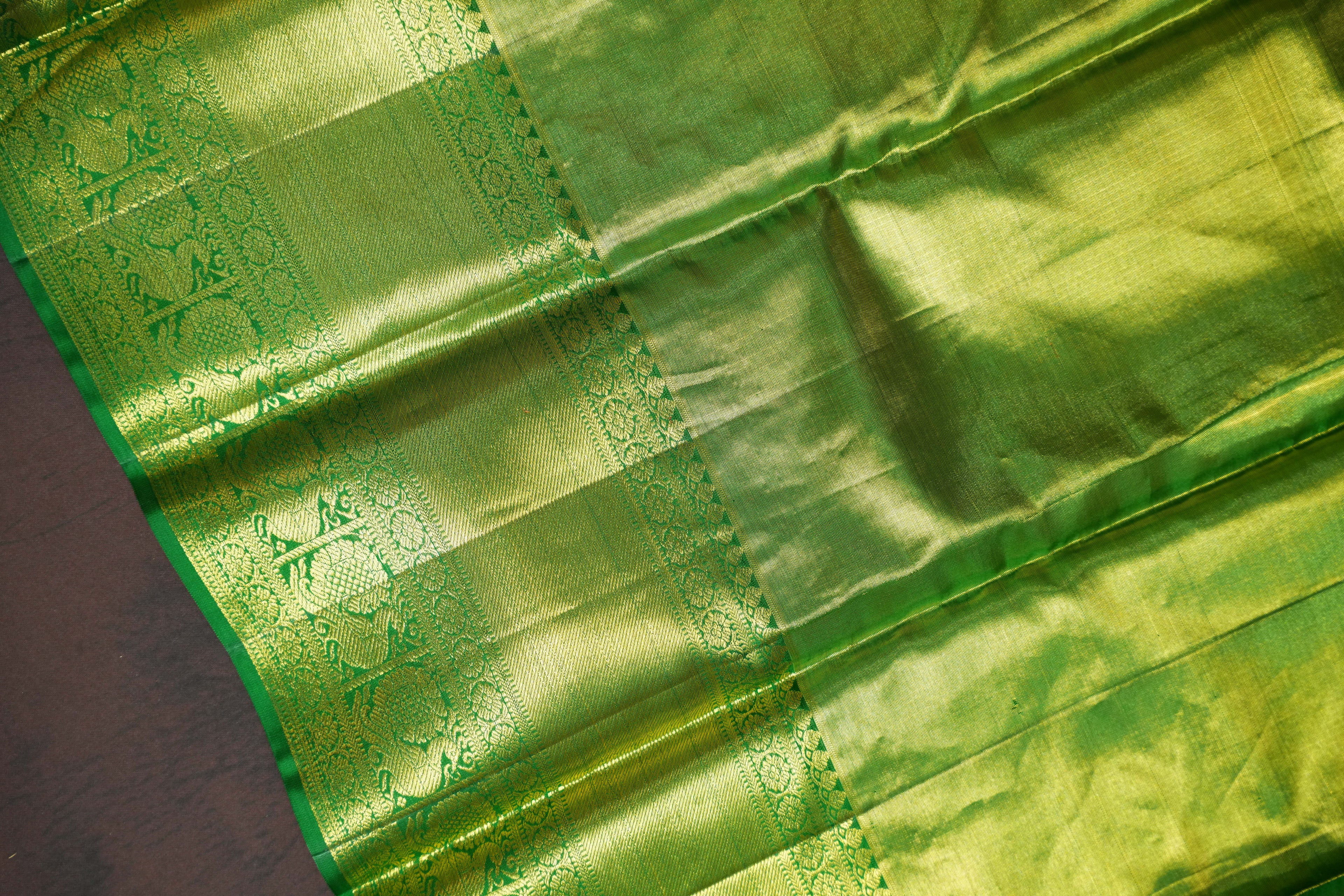Kanchi Pattu Saree in Mustard Yellow with Green Border