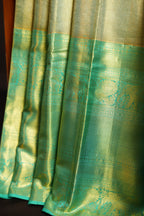 Kanchi Pattu Saree in Olive Gold with Aqua Blue Border