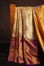 Golden Floral Kanchi Pattu Saree with Royal Purple Border
