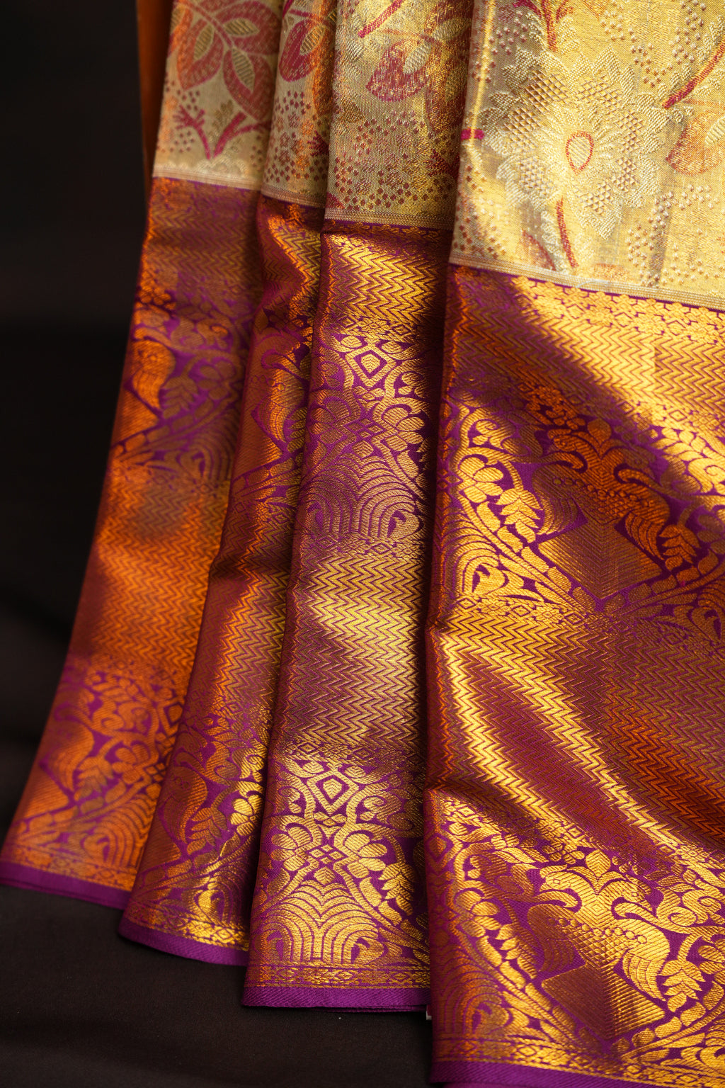 Golden Floral Kanchi Pattu Saree with Royal Purple Border