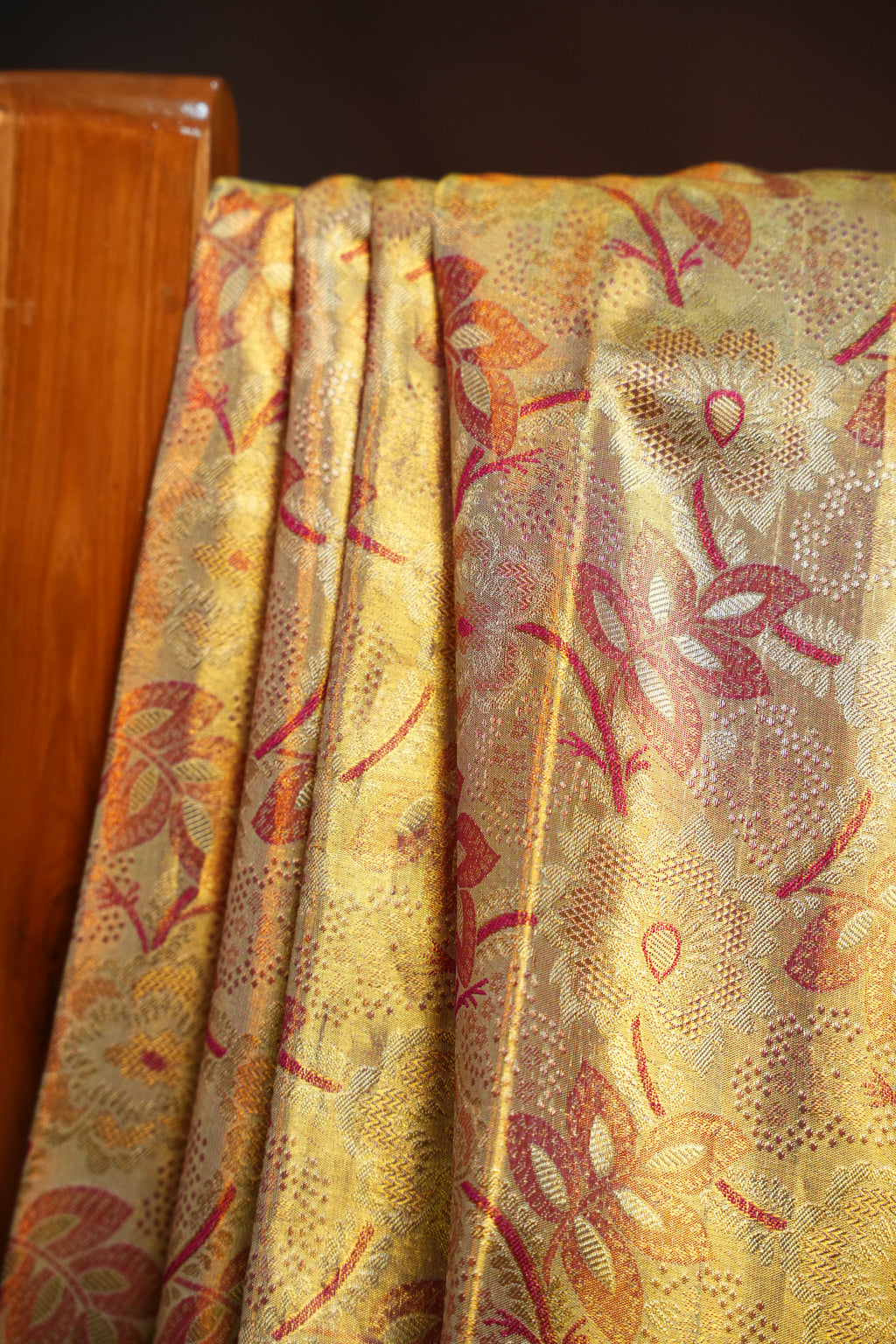 Golden Floral Kanchi Pattu Saree with Royal Purple Border