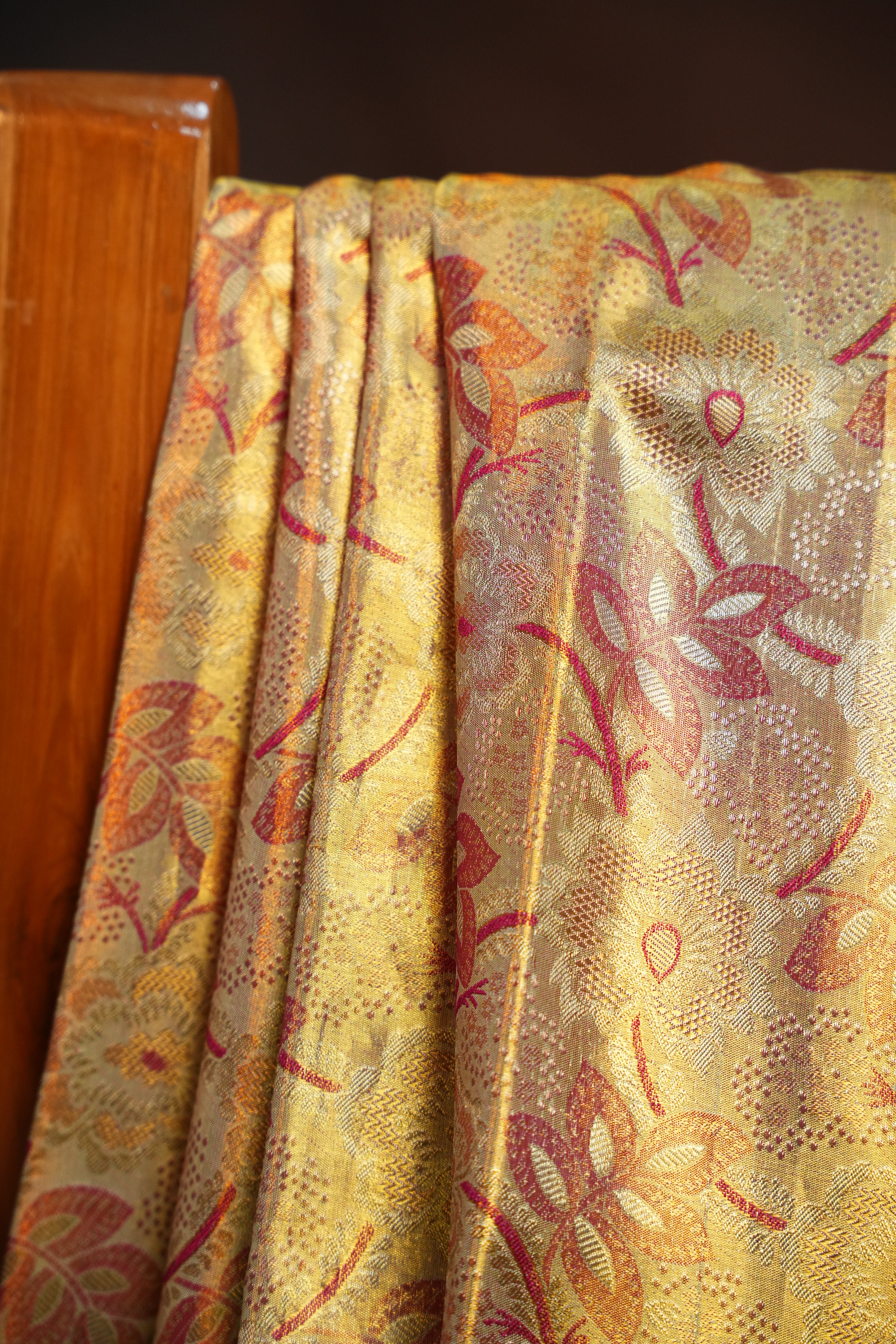 Golden Floral Kanchi Pattu Saree with Royal Purple Border
