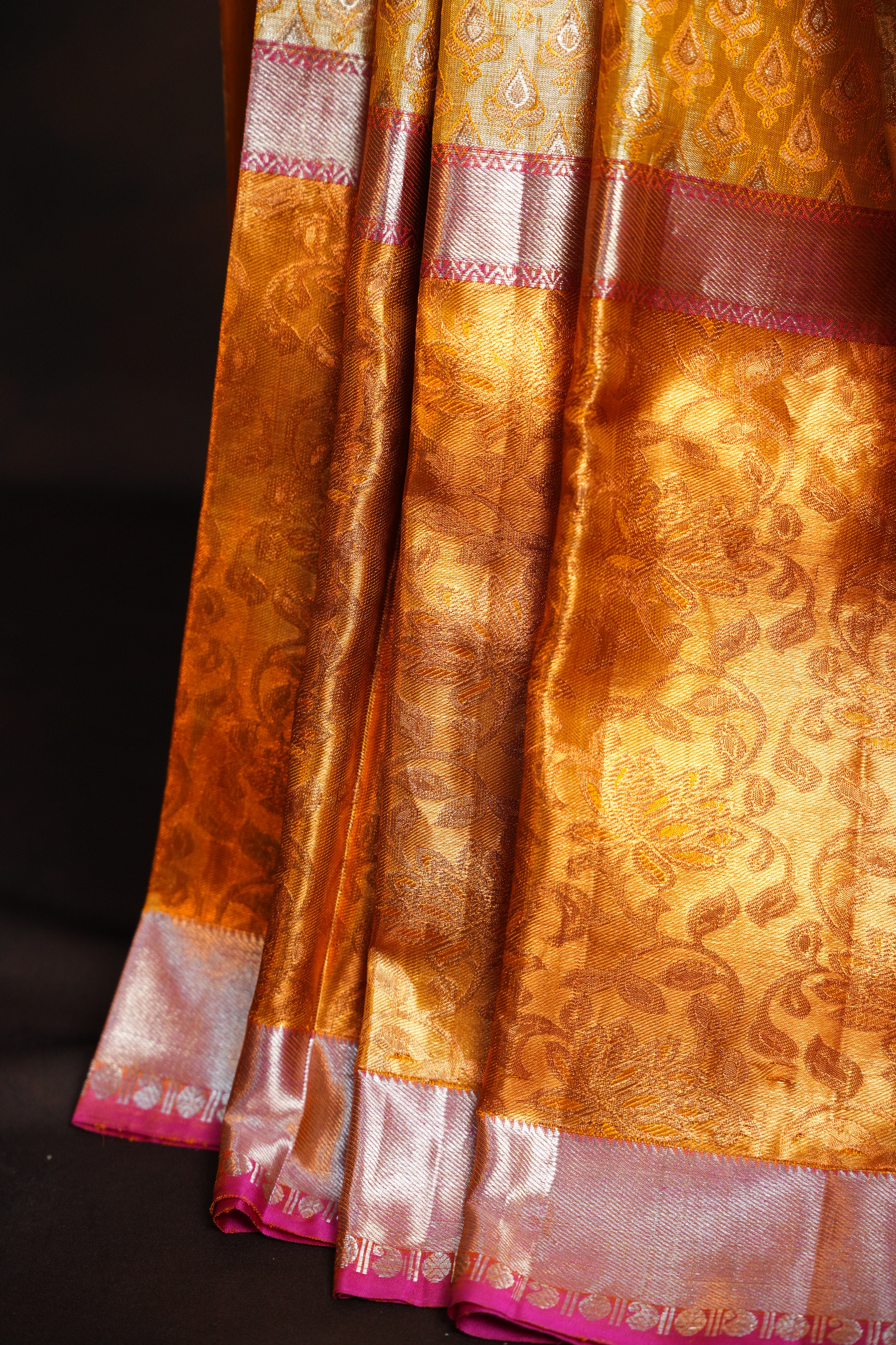 Kanchi Pattu Saree in Golden Beige with Pink Border