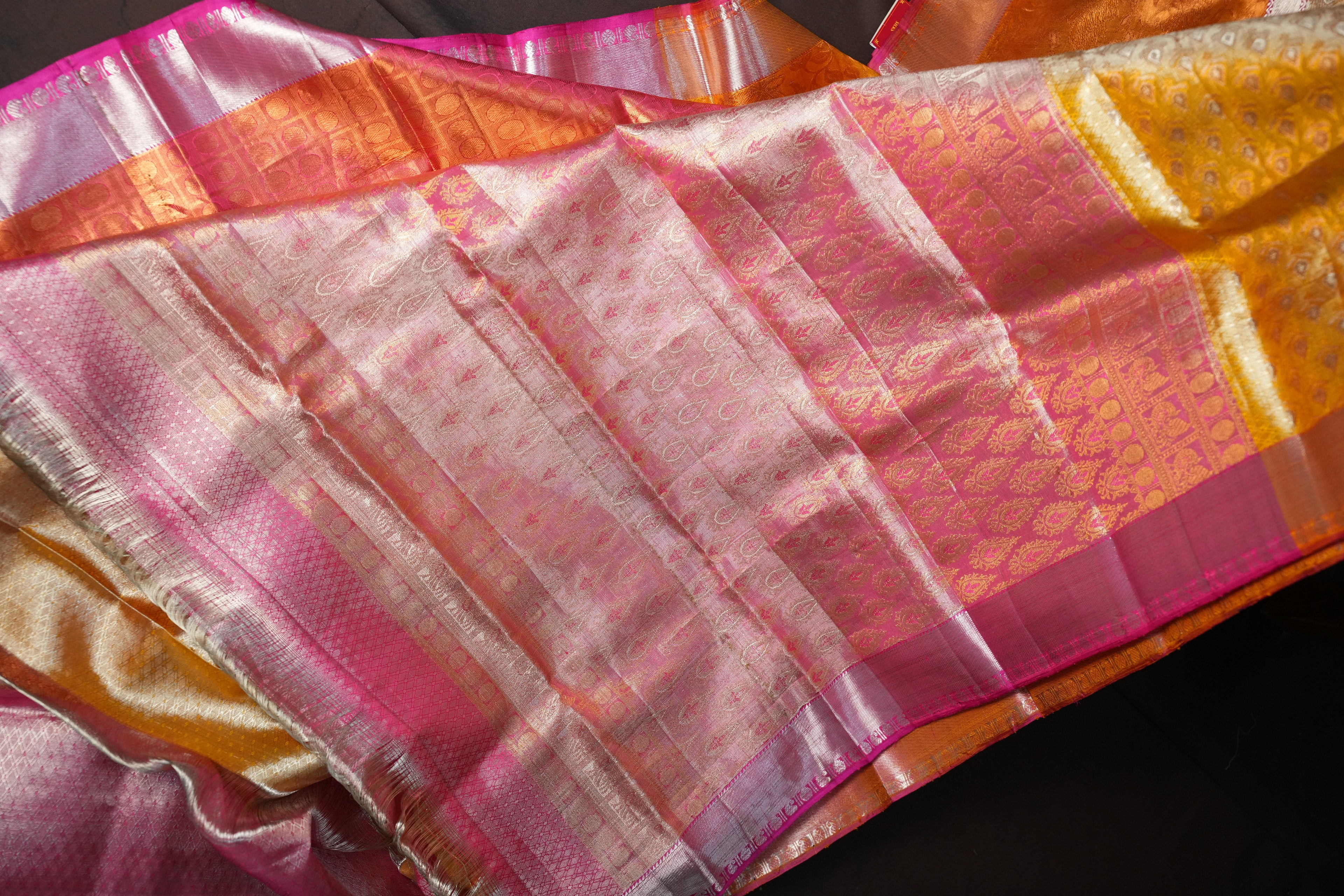 Kanchi Pattu Saree in Golden Beige with Pink Border