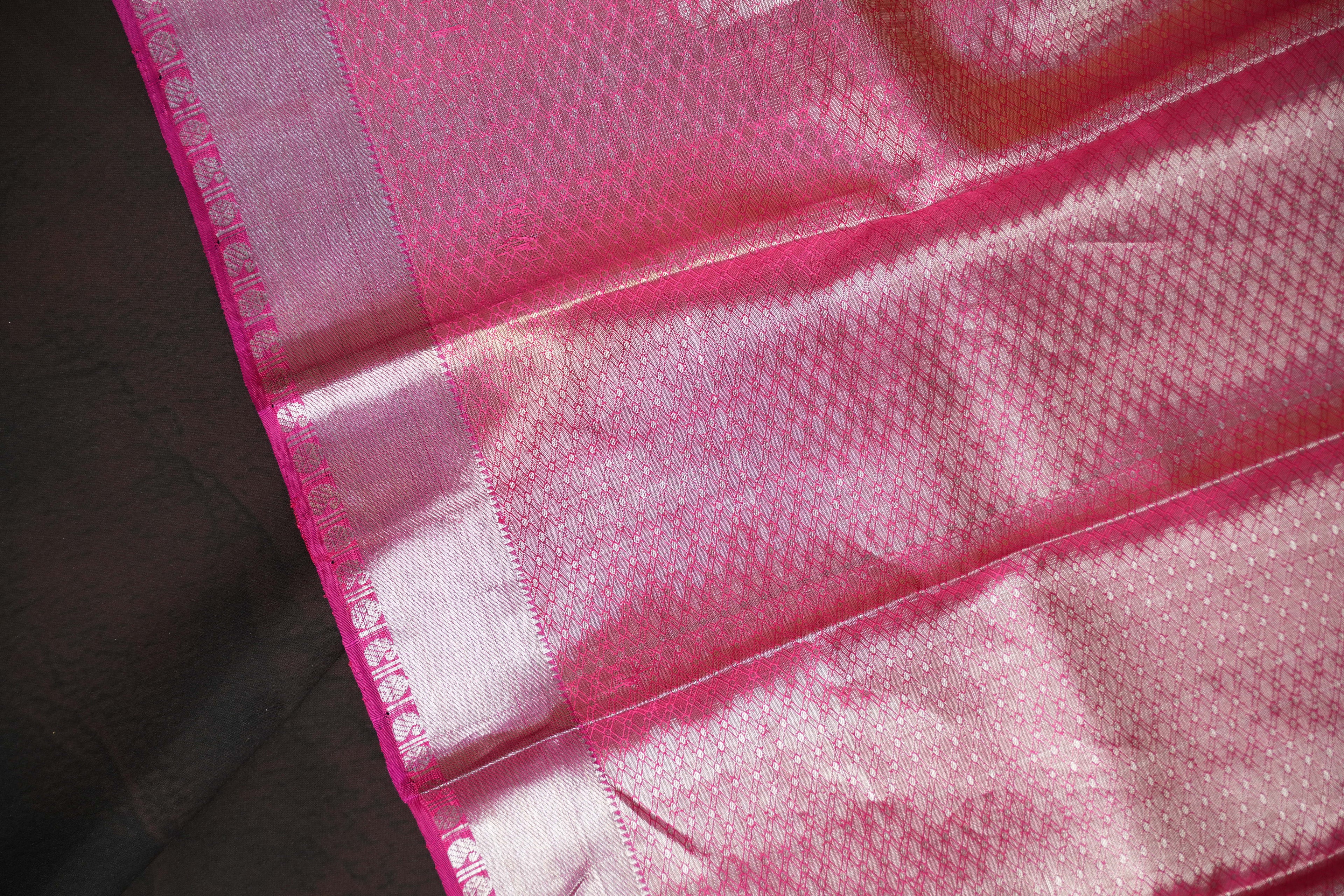 Kanchi Pattu Saree in Golden Beige with Pink Border